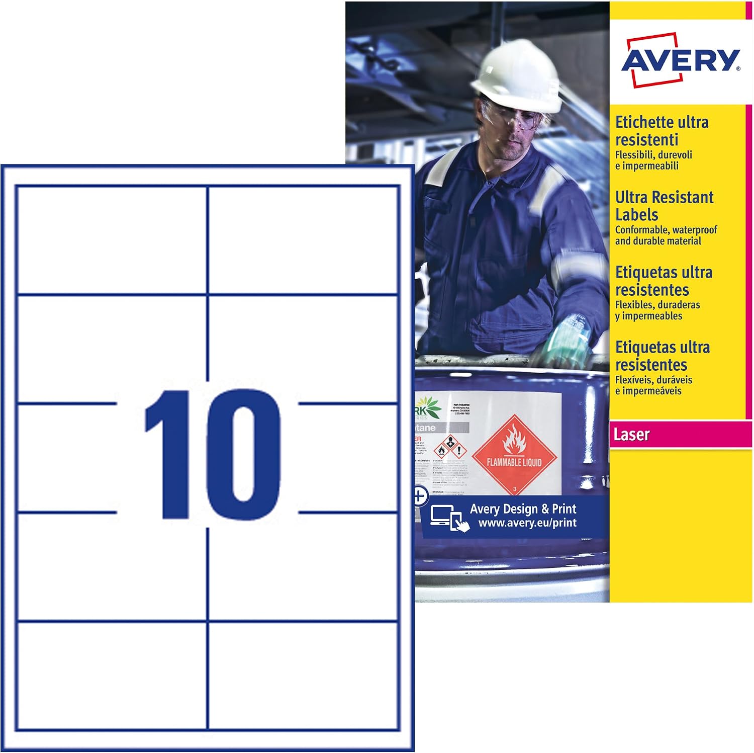 Avery B7173-50 Extra Strong Adhesive, Ultra Heavy Duty Industrial Waterproof GHS Labels, 10 Labels Per A4 Sheet, White