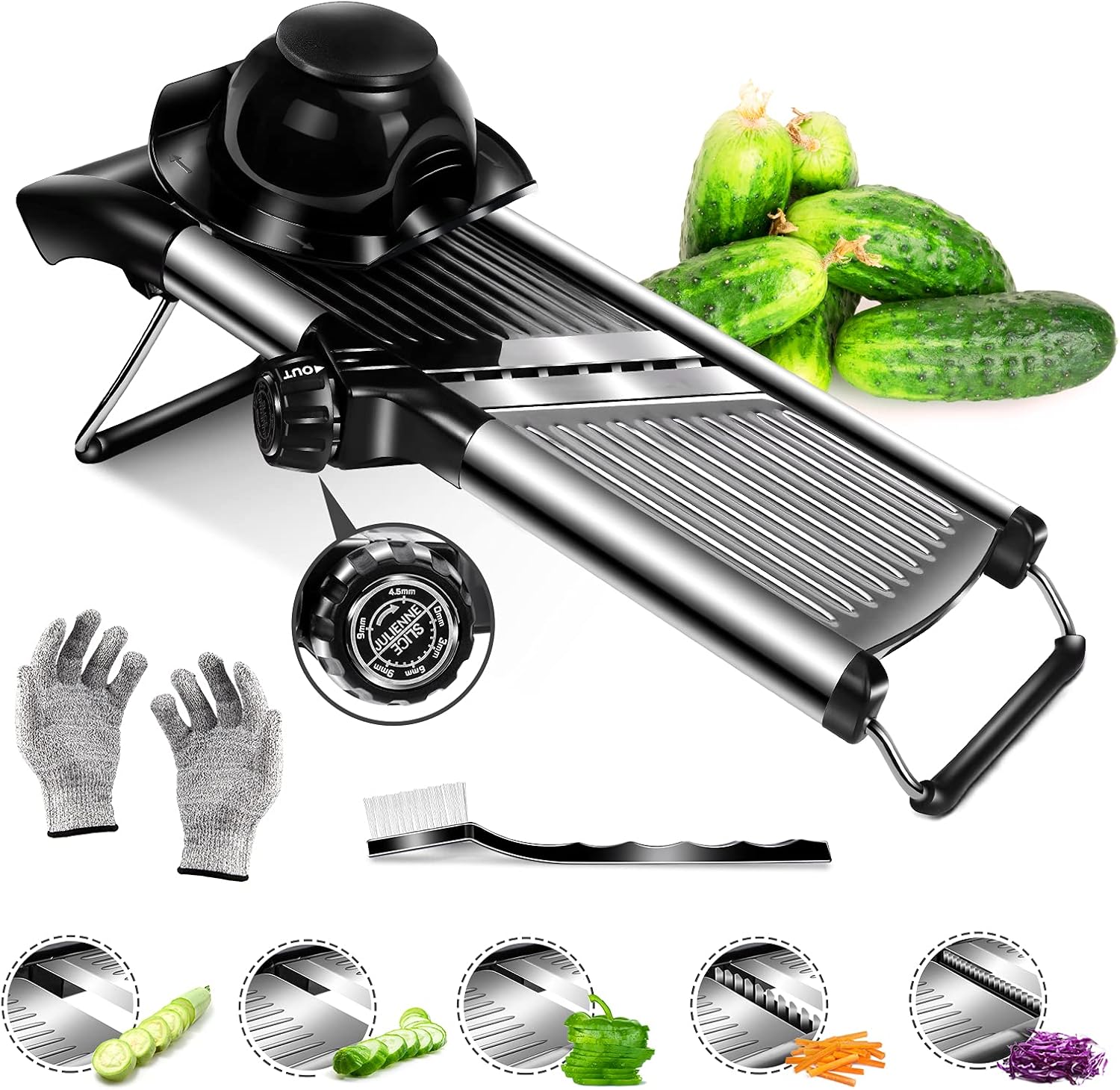 Myiosus Mandoline Vegetable Slicer, Stainless Steel Mandoline Slicer Professional, Food Chopper for Salad Vegetable, Adjustable Mandolines Julienne Cutter with Safety Gloves and Cleaning Brush