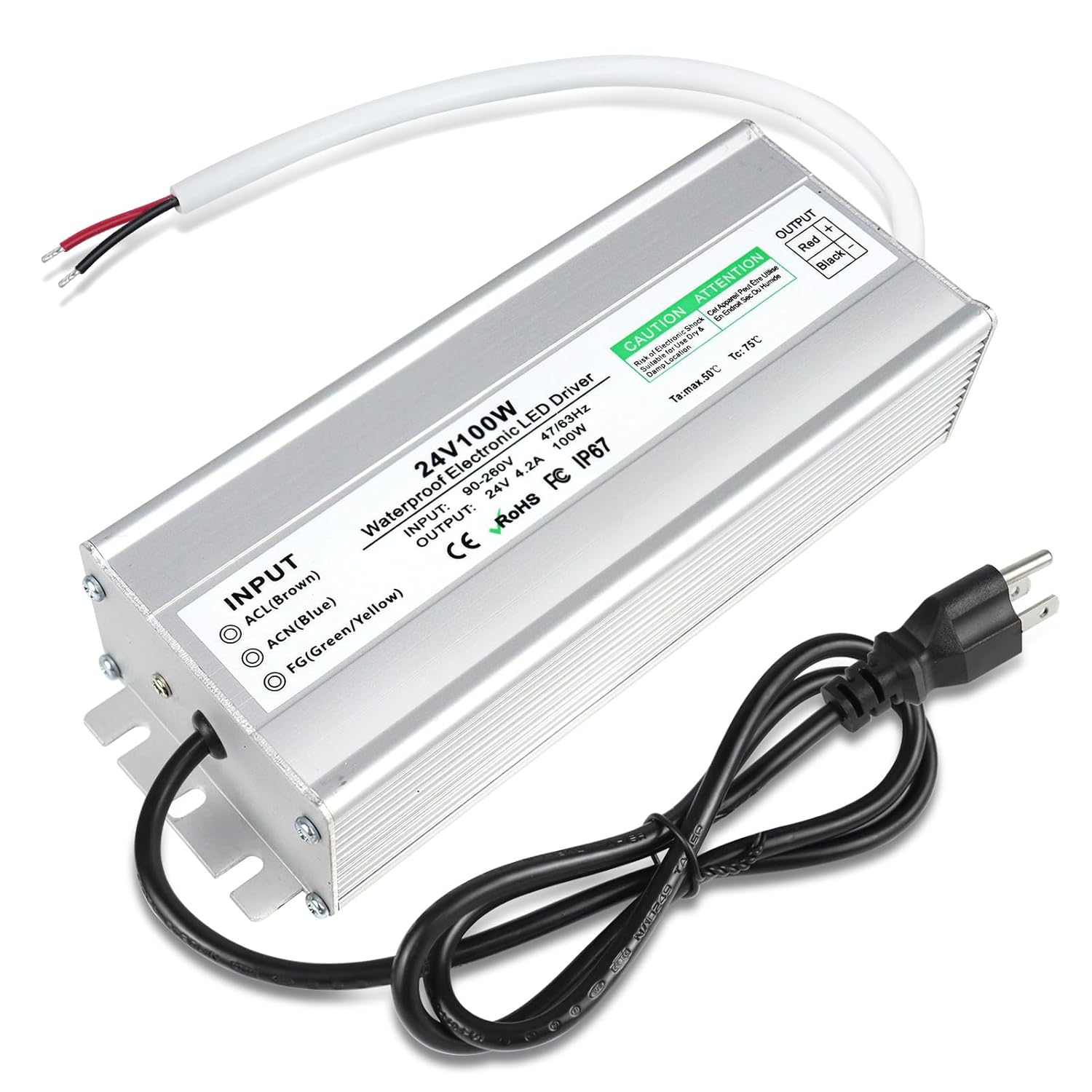 LED Power Supply 24V 100W, Waterproof IP67 LED Driver, LED Transformer with 3-Prong Plug 3.3 Feet Cable for LED Light, Computer Project, Outdoor Light, 4.2Amp