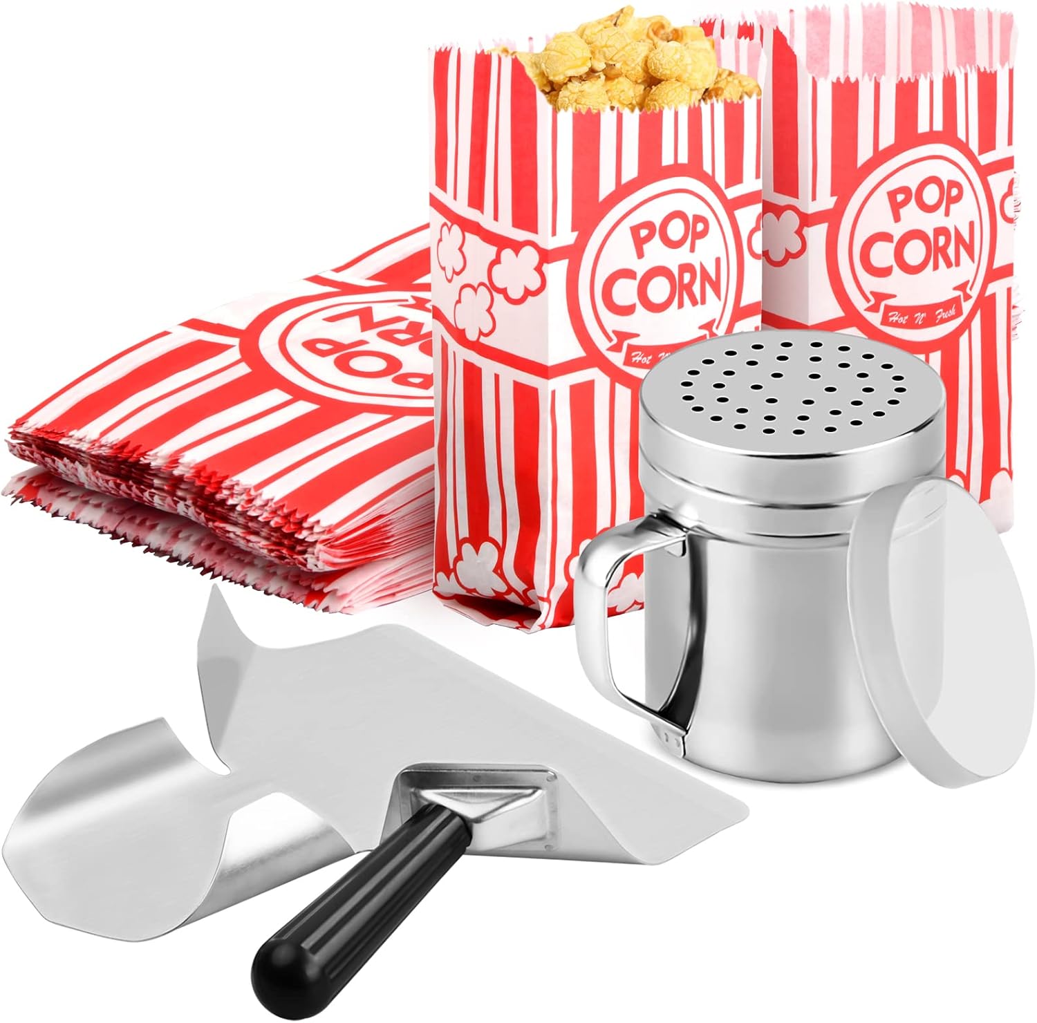 202-Piece Popcorn Machine Accessory Kit, Contains 100 Popcorn Bags, a Popcorn Scoop and a Salt Shaker with Handle for Popcorn Machines, Parties, Movie Nights, Home Cinemas (Set of 3)