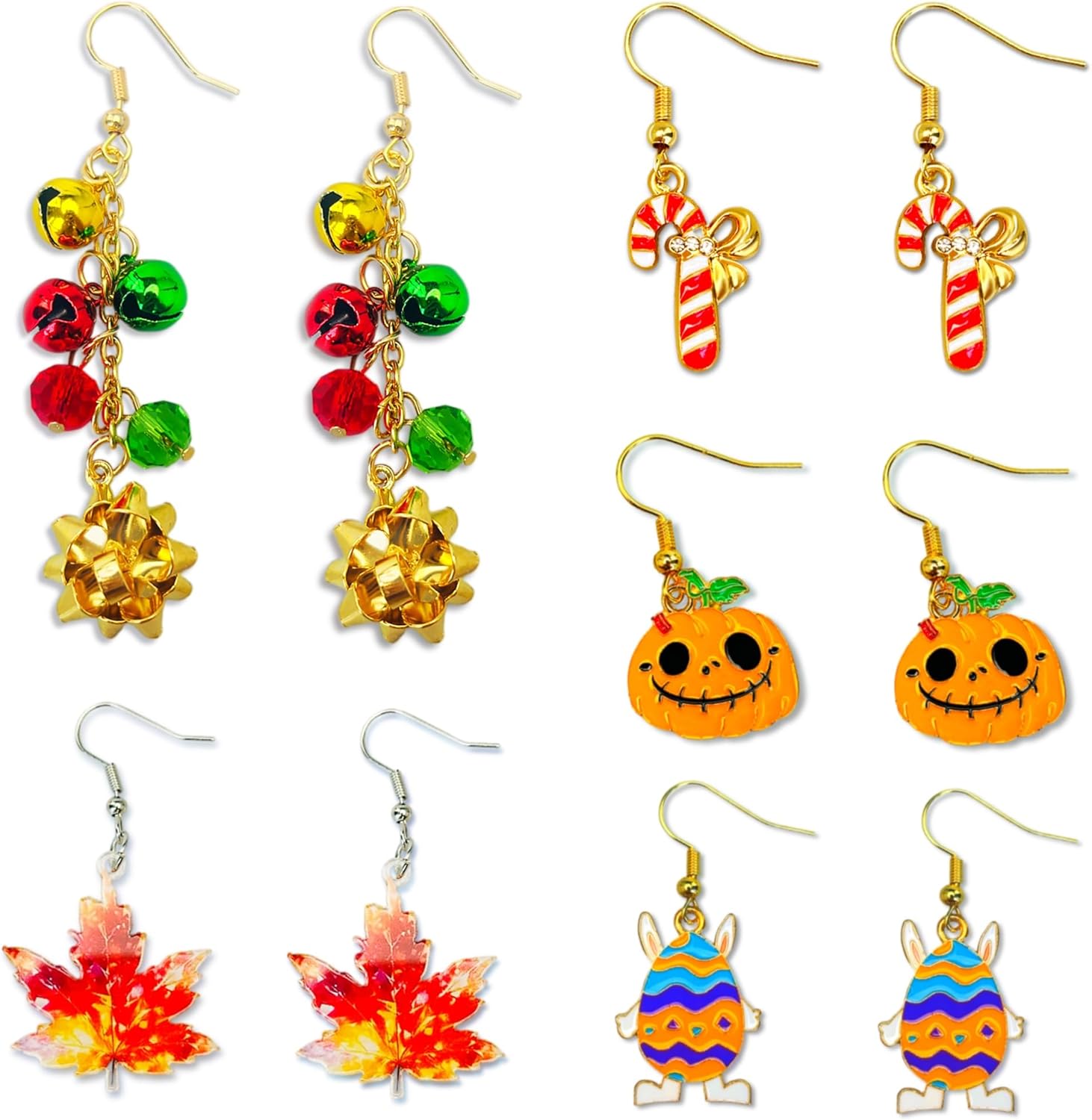5 Pairs Holiday Earrings - Dangle Bell, Candy Cane, Halloween & Easter Bunny Designs With Engraved Box