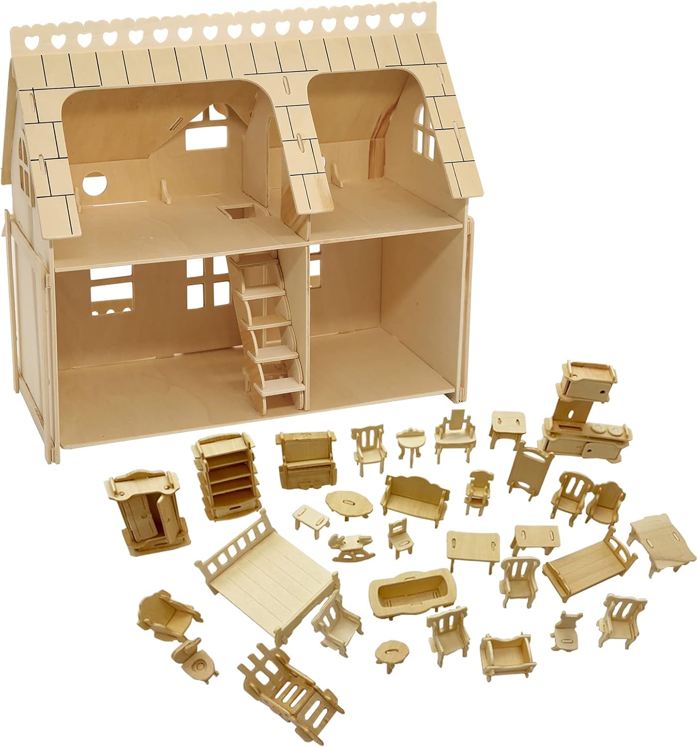 Wooden Dolls House with Furniture - Wooden Handcraft Construction Kit (DH0031)