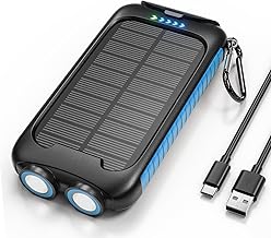 Solar Charger Power Bank, 38800mAh Portable Phone Charger with 1 Type-C & 2 USB-A Ports Built-in Dual LED Flashlight, 15W Fast Charging Waterproof Solar Panel Charger