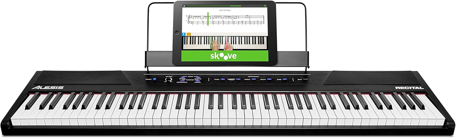 Alesis Recital – 88 Key Digital Piano Keyboard with Semi Weighted Keys, 2x20W Speakers, 5 Voices, Split, Layer and Lesson Mode, FX and Piano Lessons