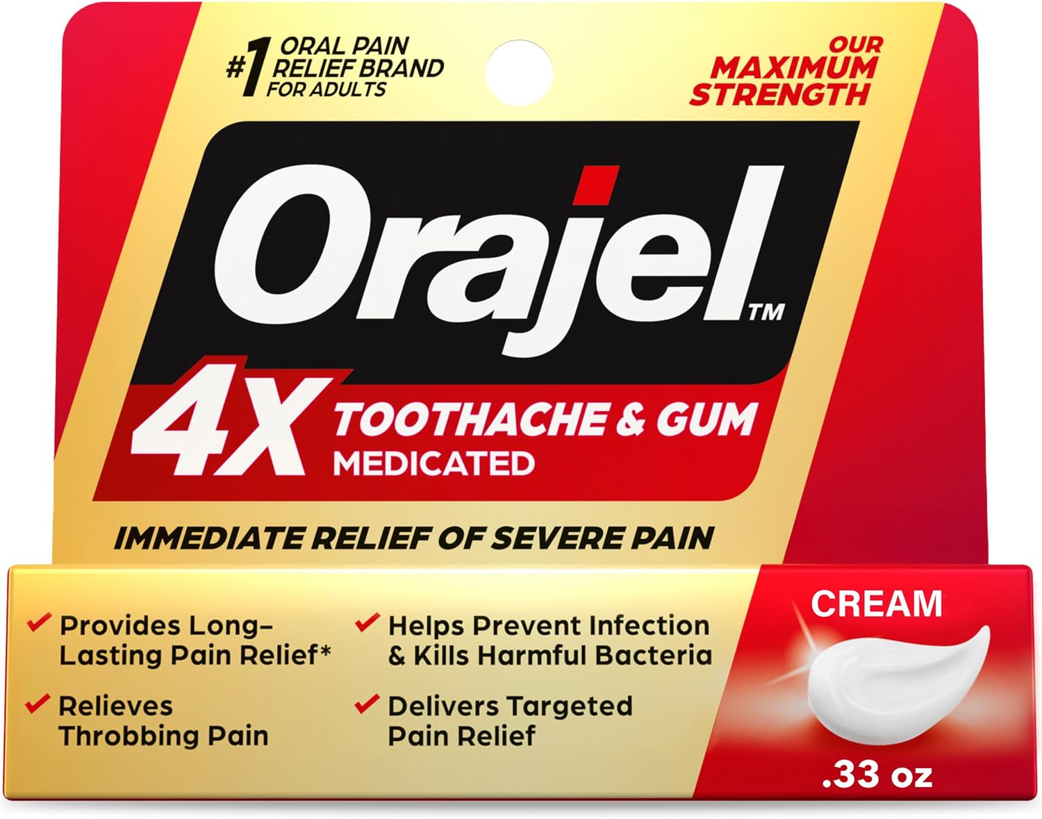 Orajel 4X Toothache and Gum Pain Medicated Pain Relief Cream, 0.33 Oz