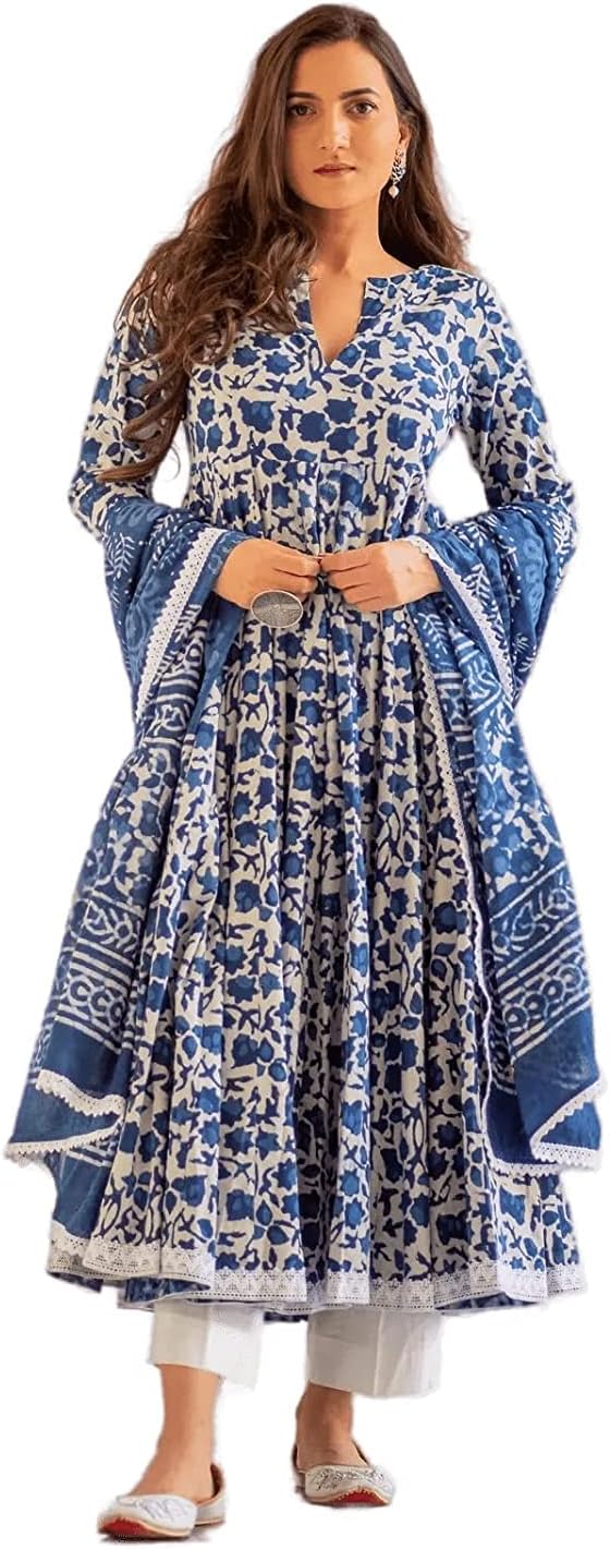 Women's Cotton Printed Blue Anarkali Kurta With Palazzo & Dupatta