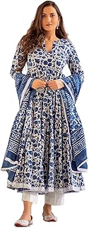 Women's Cotton Printed Blue Anarkali Kurta With Palazzo & Dupatta