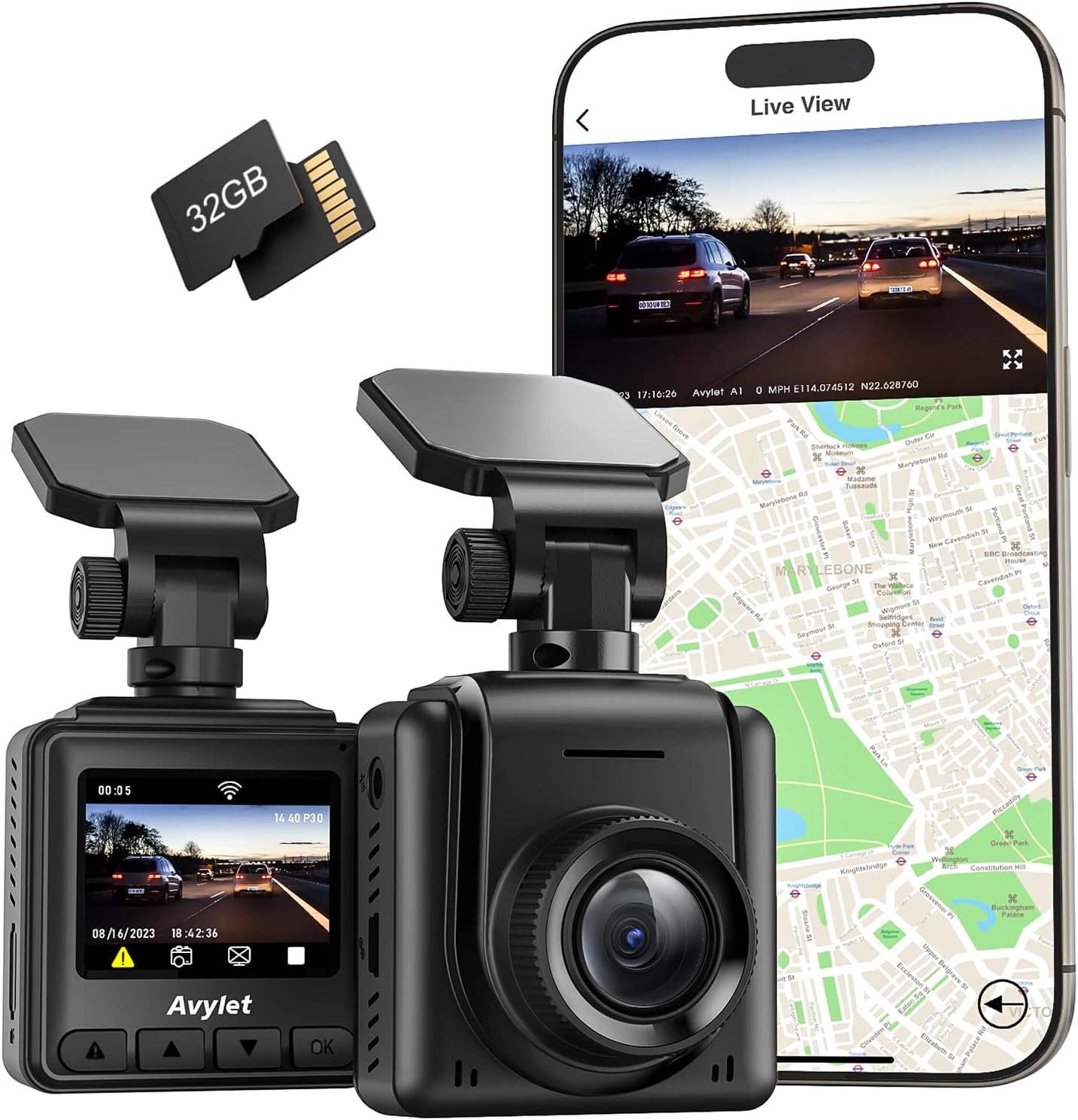 Dash Cam Front, 2K WiFi APP Dash Camera for Cars, 32GB Card Included, Mini Dashcam with WDR Night Vision, 24 Hours Parking Monitor, G-Sensor, Loop Recording