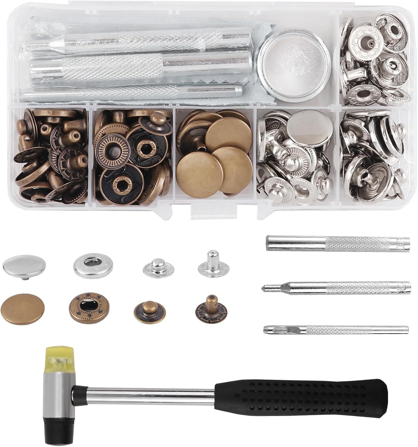 BOBOZAN Snaps Fasteners 15 mm x30 Sets- No Sew Press Popper Fasteners Tool Kits and Hammer -2-Color for Leather, Clothing, Purse, Jeans, Bags-Rust-proof and Durable, Dry-cleanable and Machine-washable
