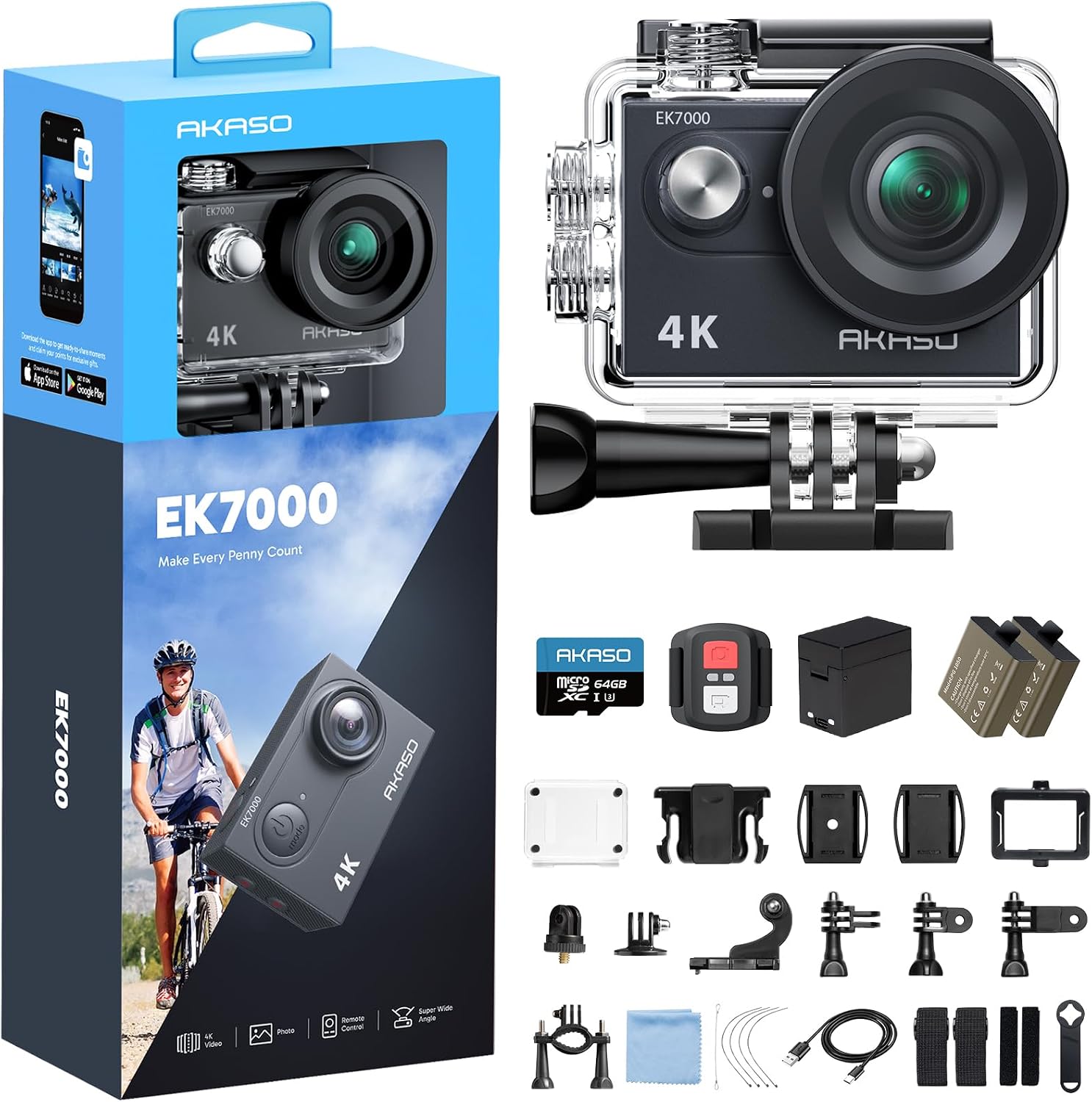 AKASO EK7000 4K30FPS 20MP WiFi Action Camera with 64GB MicroSD Memory Card Bundle EIS Ultra HD 131FT Waterproof Underwater Camera Remote Control 4X Zoom Support External Microphone Black