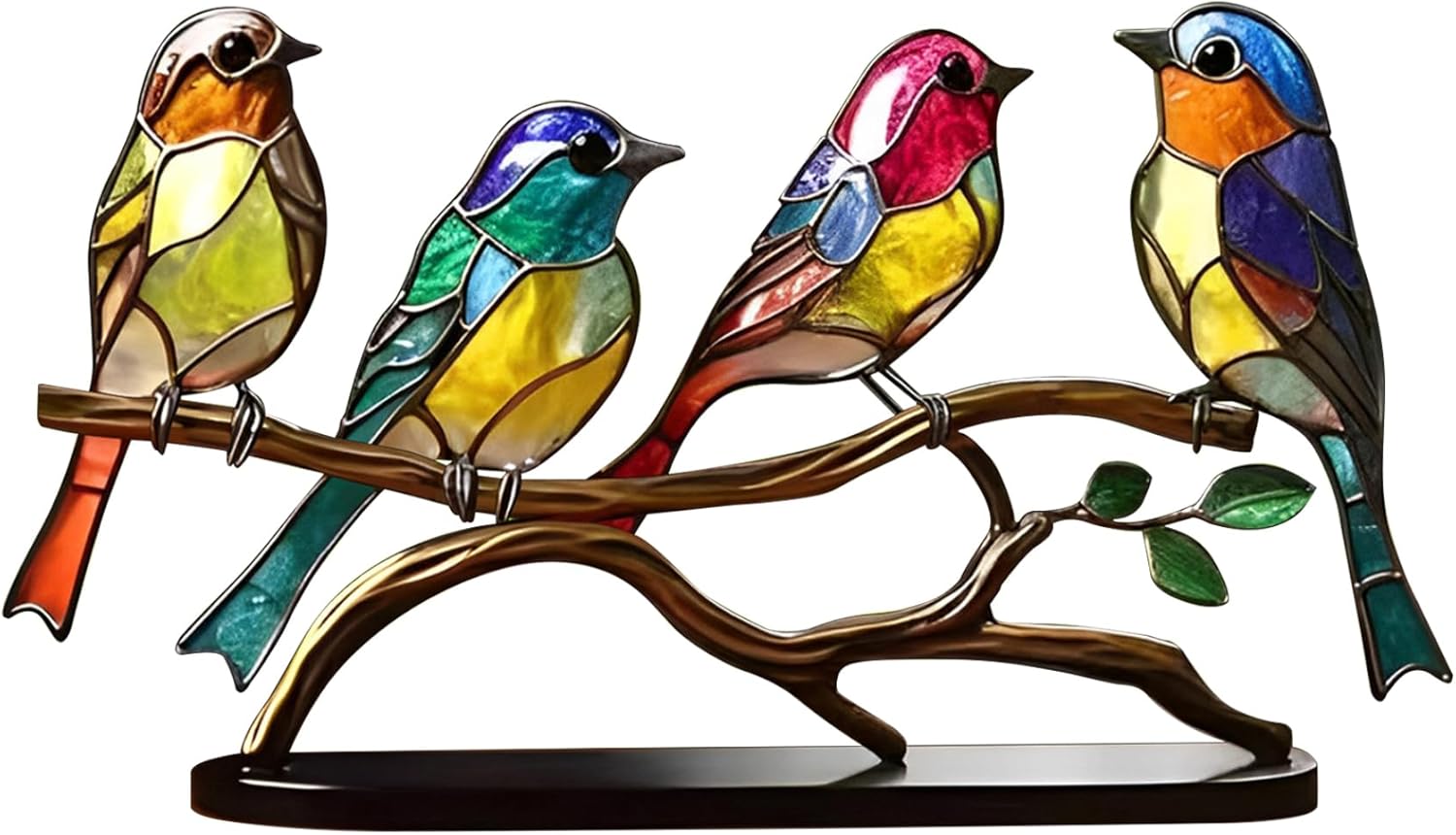 Stained Glass Birds on Branch Desk Ornaments Acrylic Colorful Birds Ornament Vivid Tabletop Bird Decoration Stain Glass Window Hanging,4 Birds on a Branch
