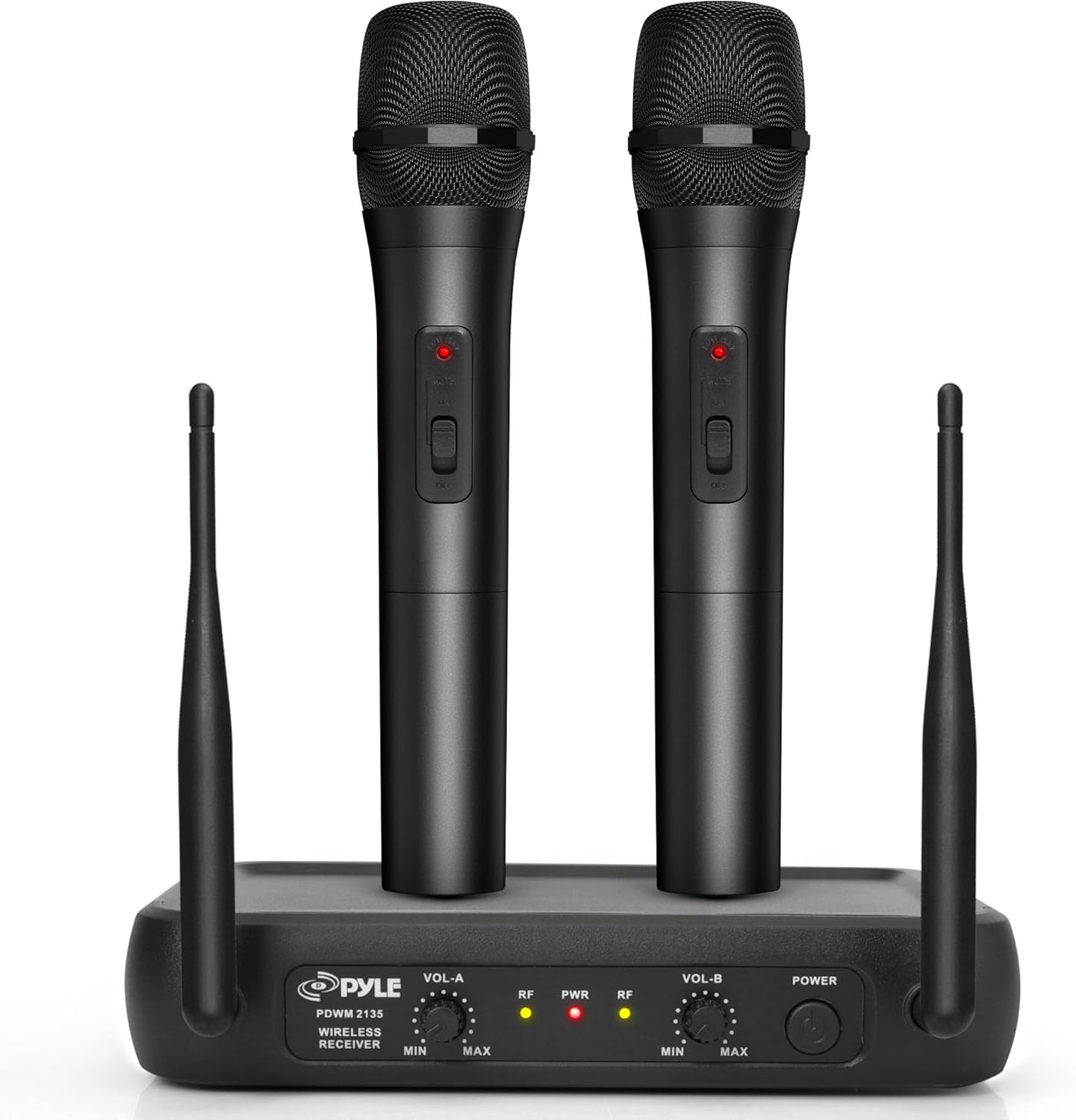 Pyle Channel Microphone System-VHF Fixed Dual Frequency Wireless Set with 2 Handheld Dynamic Transmitter Mics, Receiver Base-for PA, Karaoke, Dj Party (PDWM2135) , Black