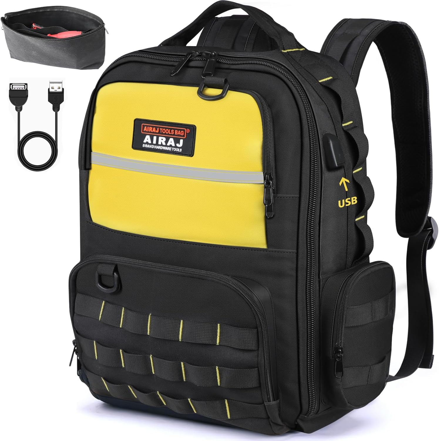 AIRAJ Tool Backpack,46x40x18cm,Heavy Duty Tool Bag Backpack with 23 Pockets Tool Storage Bag,Full Open Design, Tool Rucksack for Electrician & Construction(with Parts kit)