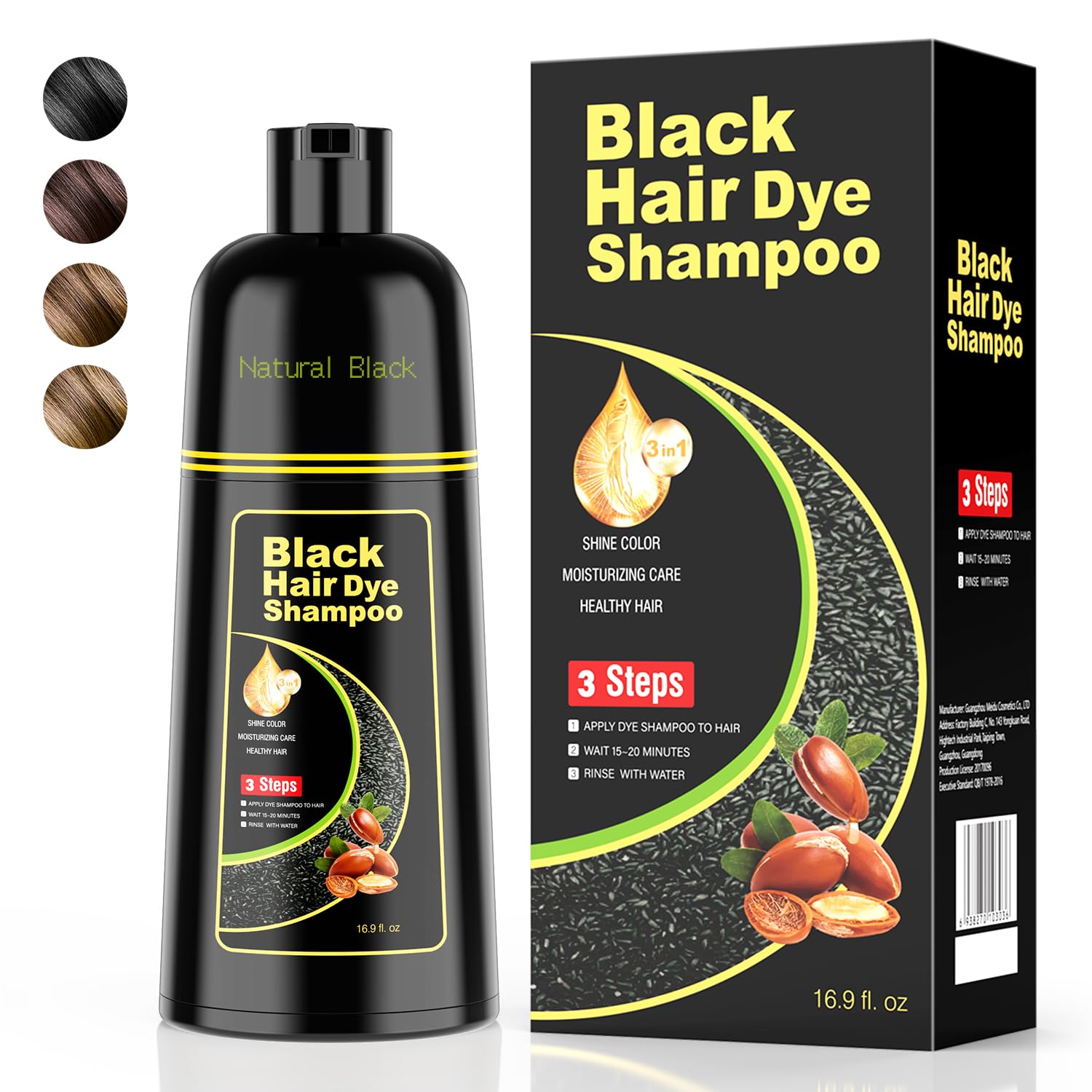 Black Hair Dye Shampoo 3 in 1，Argan Natural Herbal Formula Hair Color Shampoo Covers Gray Hair for Women and Men (16.9 fl.oz Black)