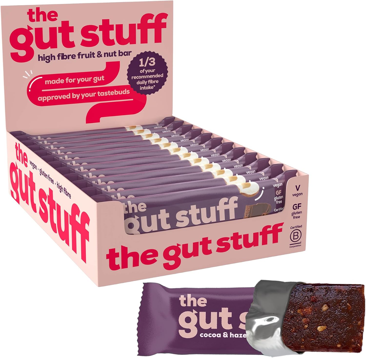 The Gut Stuff High Fibre Fruit & Nut Bars – Gut Friendly Snack, Gluten Free, Vegan, Low Calorie, All Natural - Cocoa & Hazelnut, 12 x 35g Box