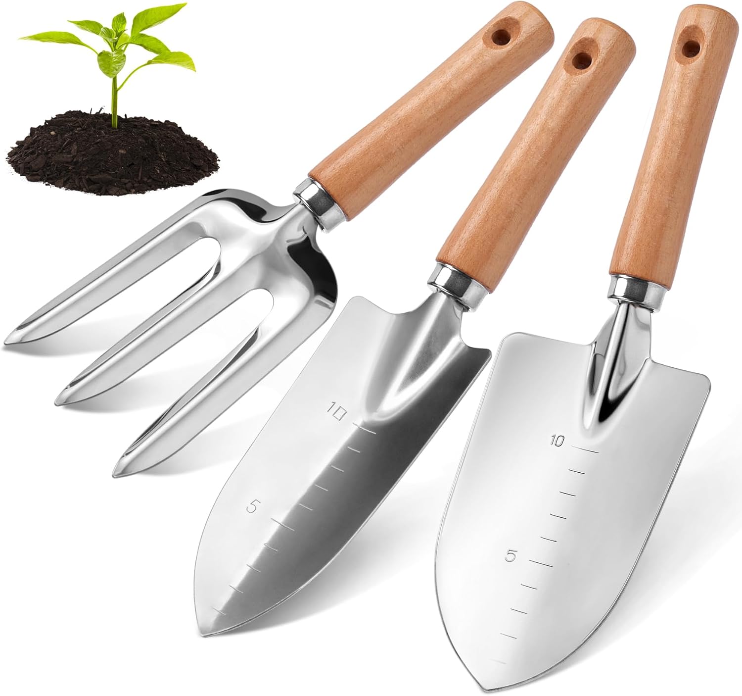 Garden Tool Set with Wood Handle, Aluminum Graduated Shovel, Hand Fork, Transplant Shovel with Scale, 3Pcs Heavy Duty Hand Tools Set for Garden Planting