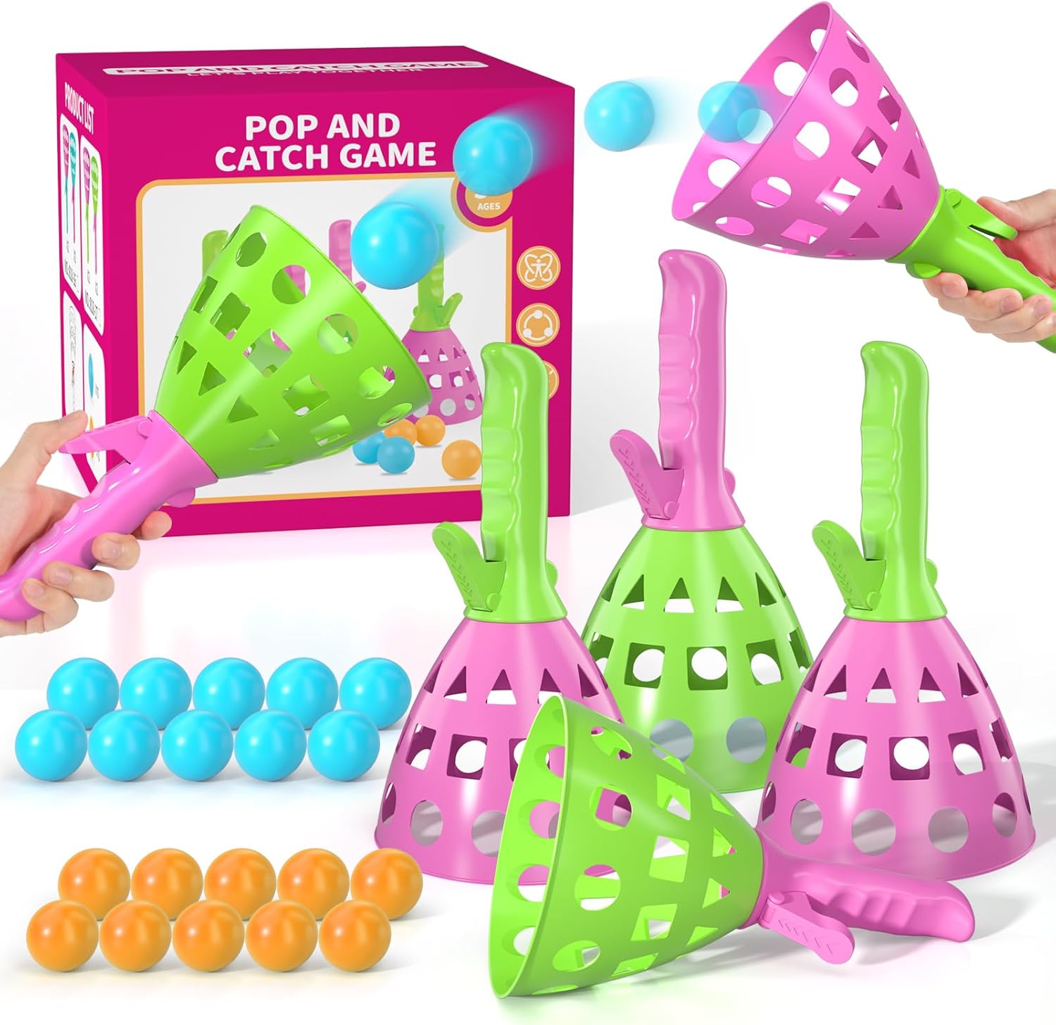Pop Pass Catch Ball Game Set – 4 Launchers, 20 Balls, Toss and Catch Outdoor Toys for Kids Ages 3-8, Indoor Yard Beach Pool Game, Party Favor for Kids Adults