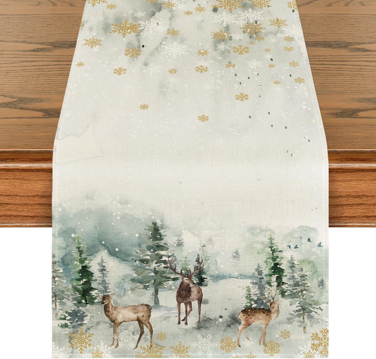 Artoid Mode Watercolor Deer Trees Snowflakes Christmas Table Runner, Seasonal Winter Xmas Kitchen Dining Table Decoration for Home Party Decor 40x300 cm