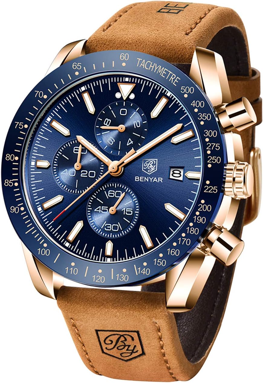 BENYAR Mens Watches Quartz Chronograph Business Luxury Brand Waterproof Wristwatches Fashion Brown Leather Watches for Men