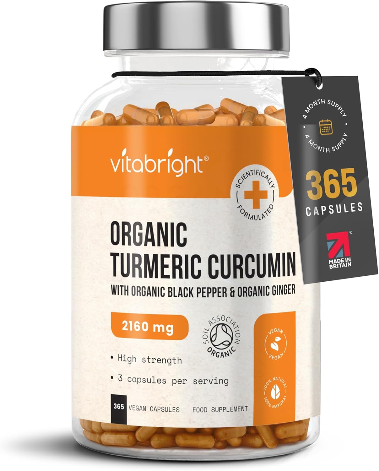 Turmeric and Black Pepper Capsules | 2160mg Dose | 365 Tablets | 4 Month Supply | 3 A Day | Herbal Supplements | High Strength Curcumin | VitaBright Organic Tumeric Supplement