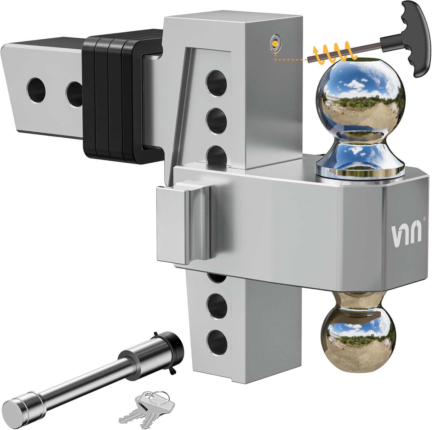 VNN Adjustable Drop Hitch – Dual-Ball (1-7/8'' & 2'') Trailer Hitch for 2.5-Inch Receiver, 6-Inch Drop, 15,000 lbs GTW, Heavy-Duty Ball Mount for Trucks – Silver (VN0009)