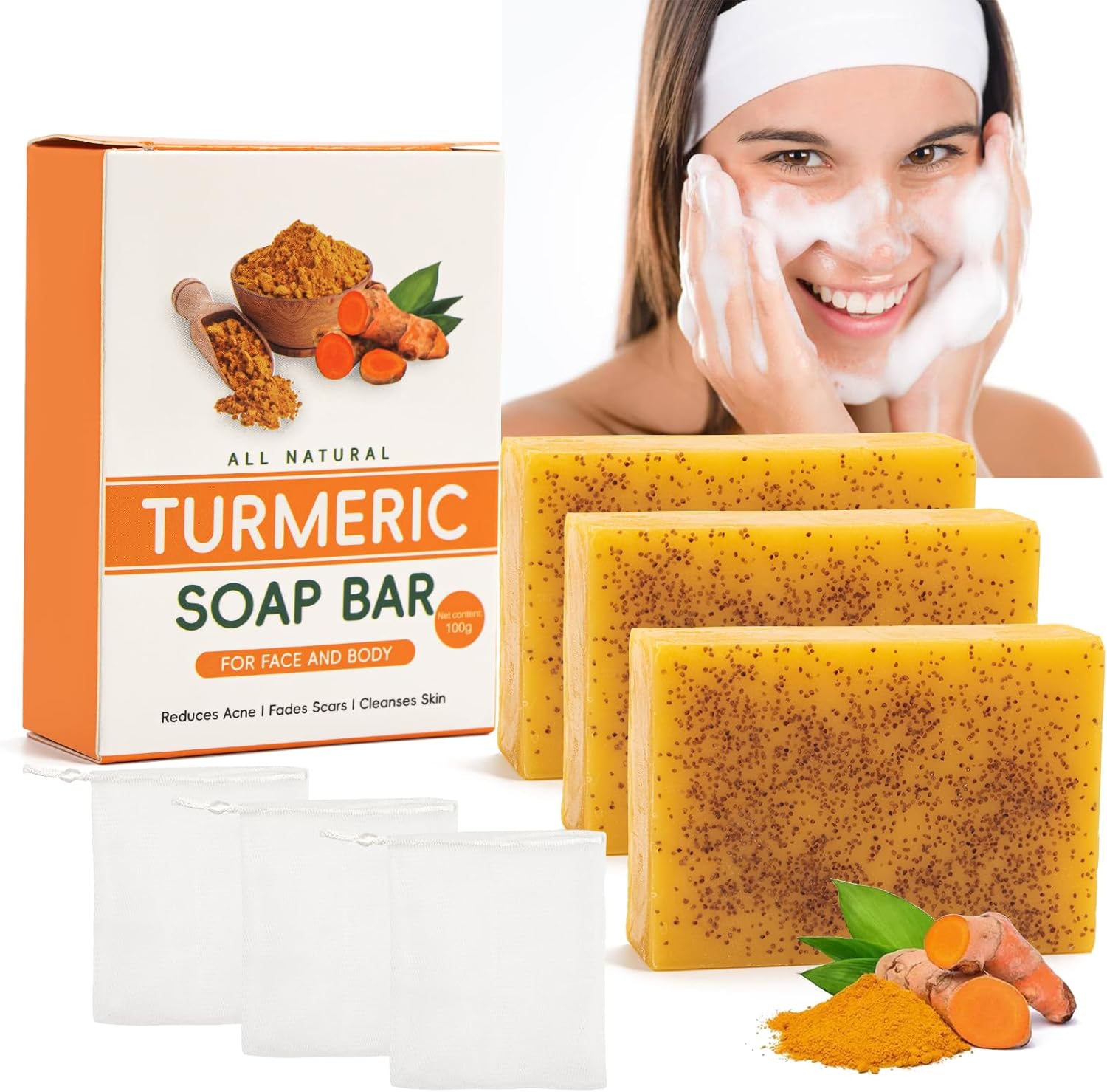 3PCS Turmeric Soap Bar, Natural Handmade Turmeric and Kojic Acid Soap with Foaming Nets for Face & Body Acne, Dark Spots, Hyperpigmentation, Smooth Skin (3)