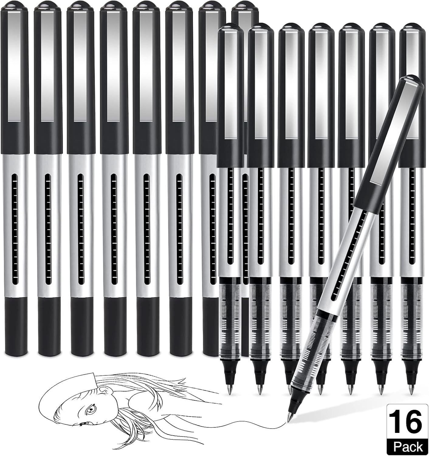 AKARUED Rollerball Pens 16 Pack Black Gel Pens, 0.5mm Liquid Ink Quick-Drying Ballpoint Pens Writing Pens for Bullet Journal, Notebook. School & Office Supplies for Students Adults