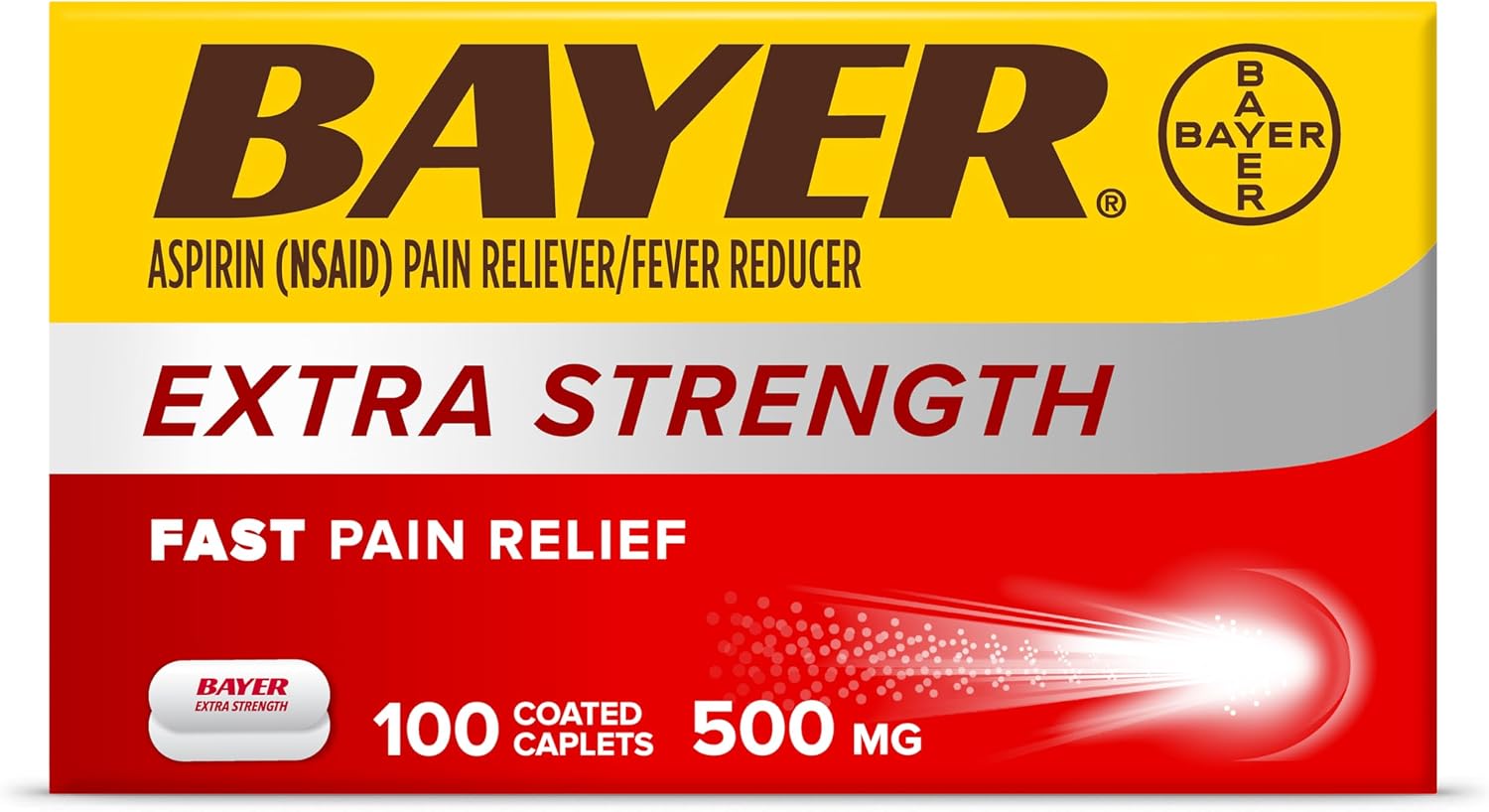 Bayer Aspirin Extra Strength, Aspirin 500mg, Pain Relief Pills, Fever Reducer and Headache Relief for Adults, 100 ct