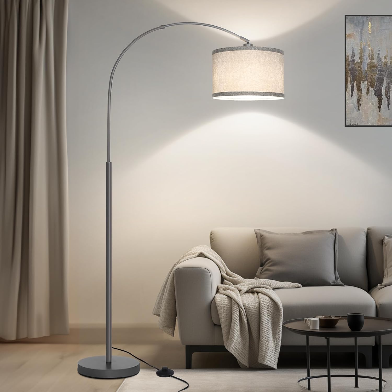 Arc Floor Lamp, Modern Floor Lamp for Living Room with Adjustable Lamp Head, Tall Pole Lamp with Gray Lampsahde and On/Off Pedal Switch, Over Couch Reading Light for Bedroom, Office, Study Room
