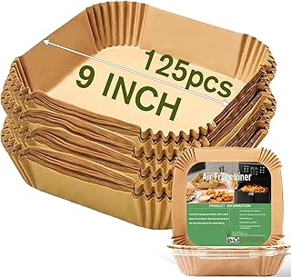 Large Air Fryer Disposable Paper Liners Square 9 Inch, 125 Pcs Parchment paper liner for 5-8QT Air fryer, Oil-proof, Water-proof, Parchment Baking Paper for Baking Roasting Microwave