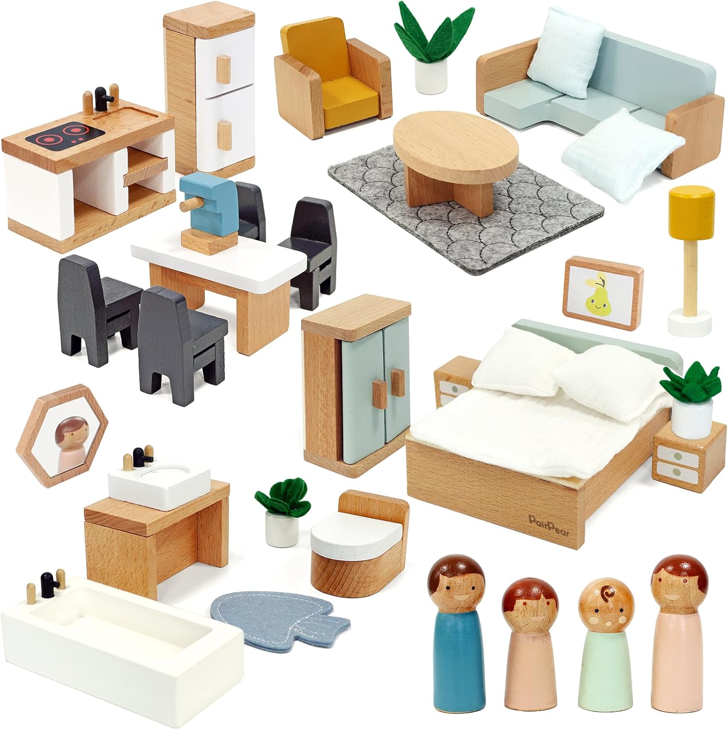 PairPear Wooden Toys Dollhouse Furniture Playset,35 Piece Furnitures with Family Dolls,Doll House Accessories Pretend Play Gift for Girls and Boys 3 Year and Up