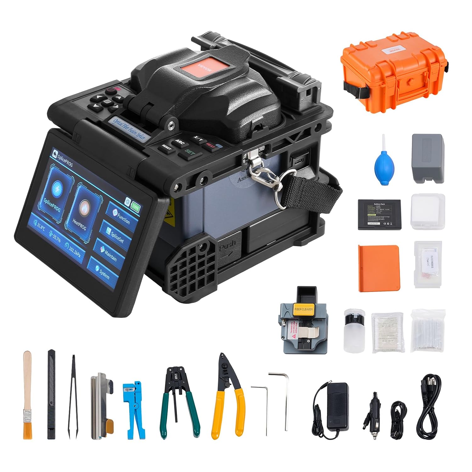 Fiber Fusion Splicer 6-Motor, Core Alignment Optic Splicer 6s Splicing & 13s Heating, Fiber Machine with 5" LCD Screen, 3 in 1 Holder, 7800mAh Battery for SM MM DS NZDS