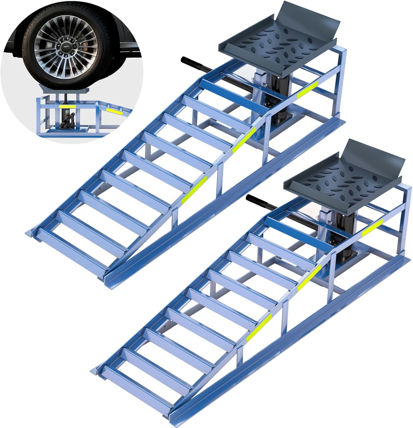 2 Heavy-Duty Car Ramps, 5-Ton (5000 kg) Capacity, High-load Hydraulic Ramps with Reflective Strips for Safe Nighttime Use, Adjustable Height from 24.9 to 38.1 cm, Usable as Workshop Lifting Platform