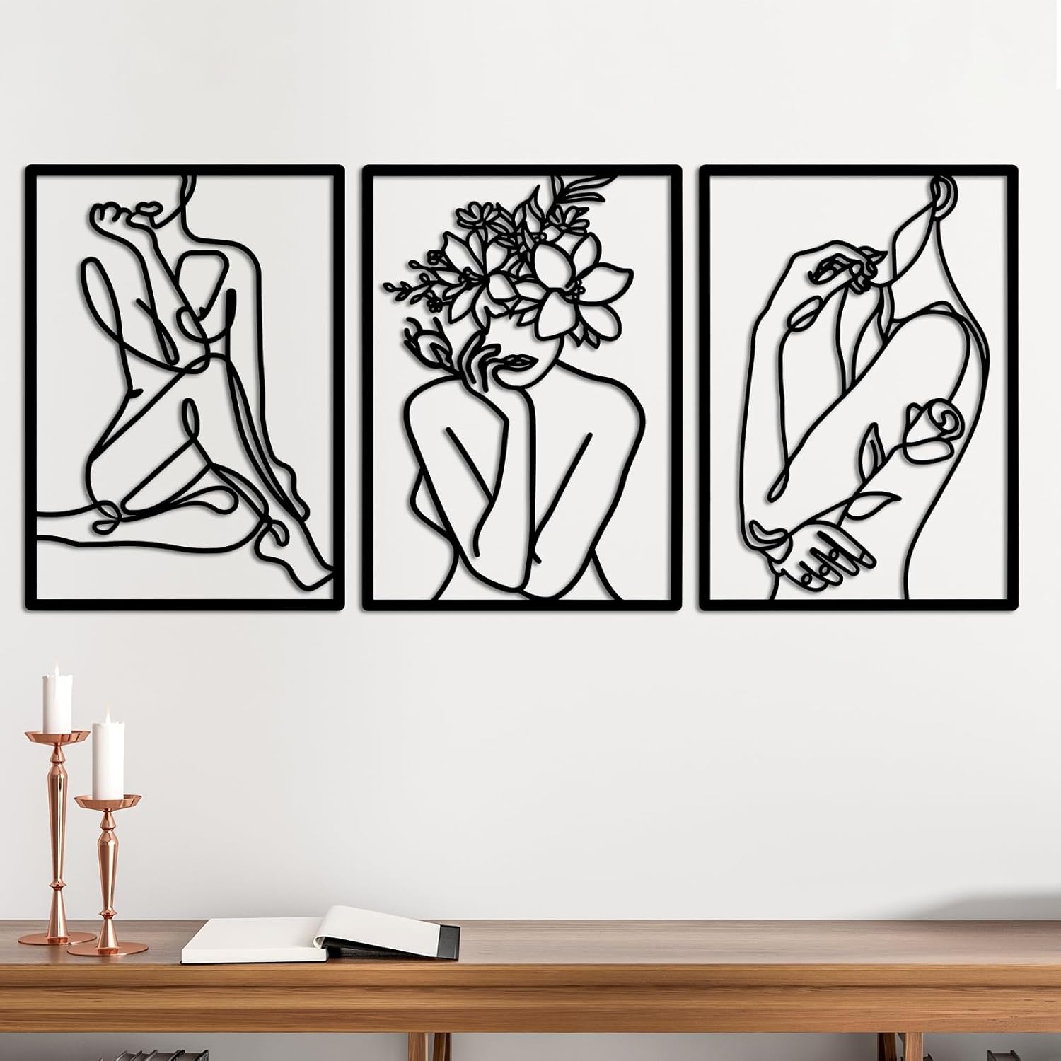 3pcs Metal Wall Art, Modern Abstract Female Silhouette Wire Artwork, Waterproof Black Minimalist Decor for Bedroom, Living Room, Bathroom (Style B)