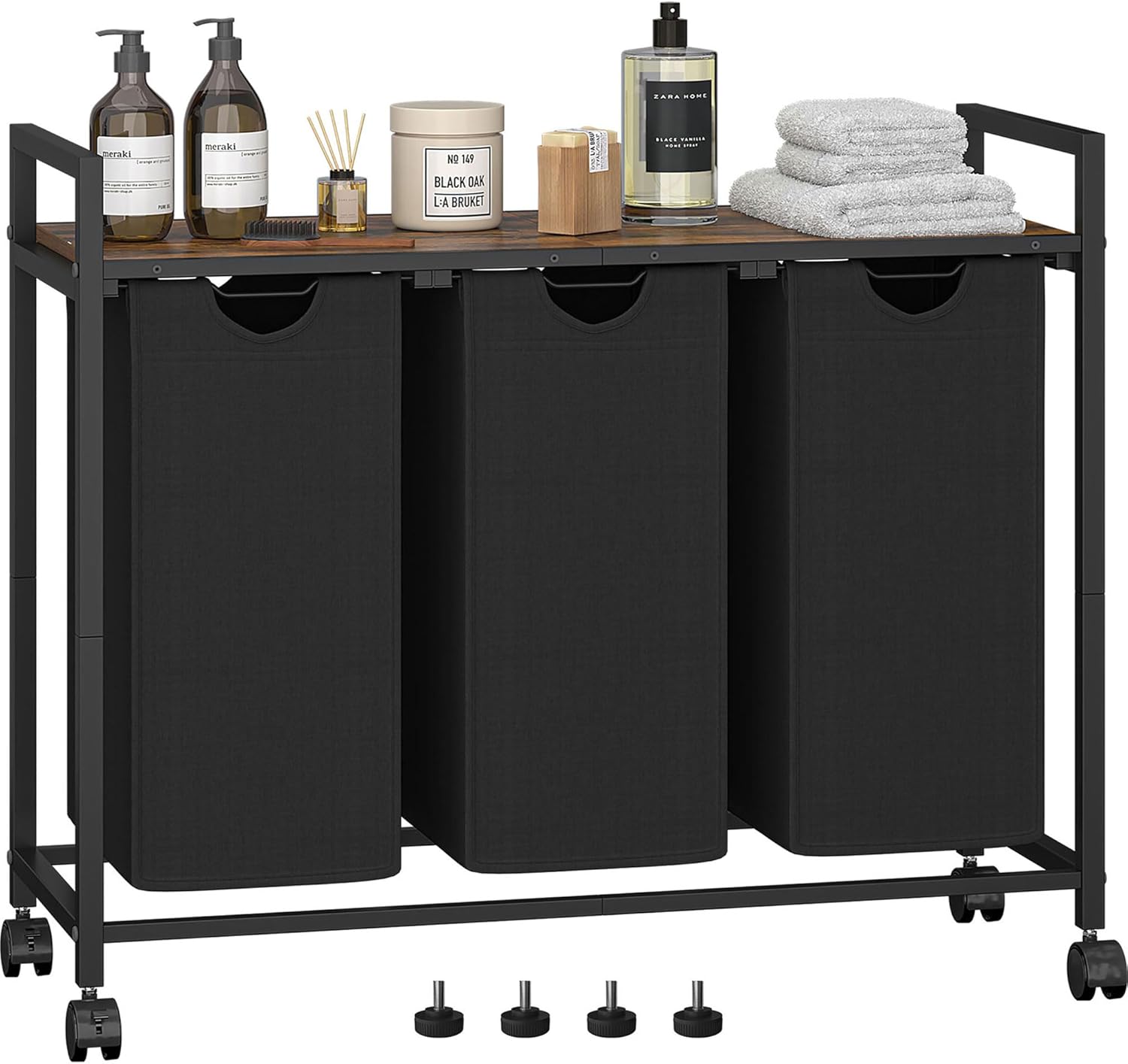 Laundry Hamper, Laundry Basket, Laundry Sorter with 3 Pull-Out and Removable Bags, Shelf, Laundry Room Storage with Table, for Bathroom, Bedroom, 3 x 11.5 Gal (43.4L), Rustic Brown