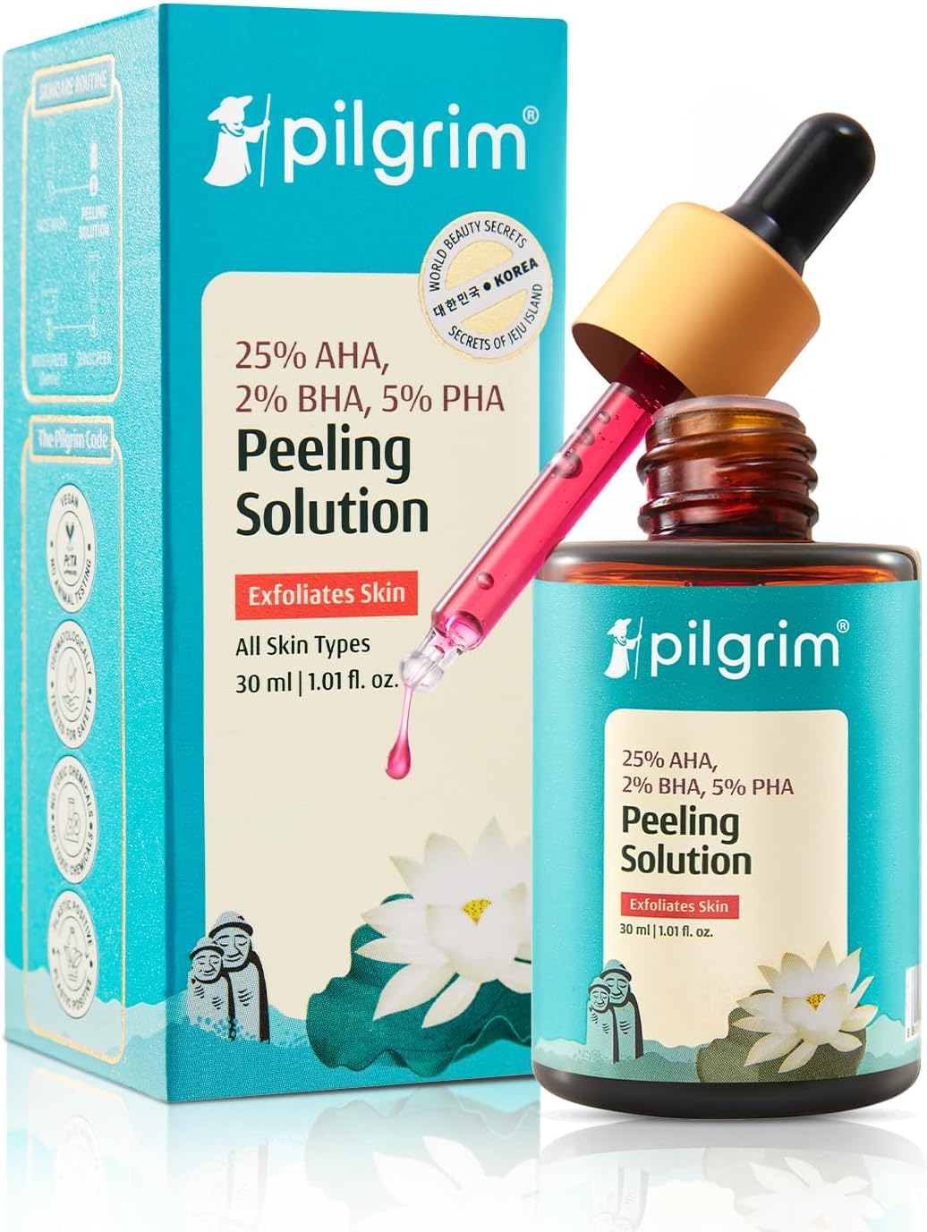 Pilgrim 25% AHA + 2% BHA + 5% PHA Peeling Solution 30ml For Face & Body |10-Minute Facial At Home|Gentle Exfoliating Serum for Tan Removal |For Glowing Skin, Even Skin Tone, Pore Cleansing |Men, Women