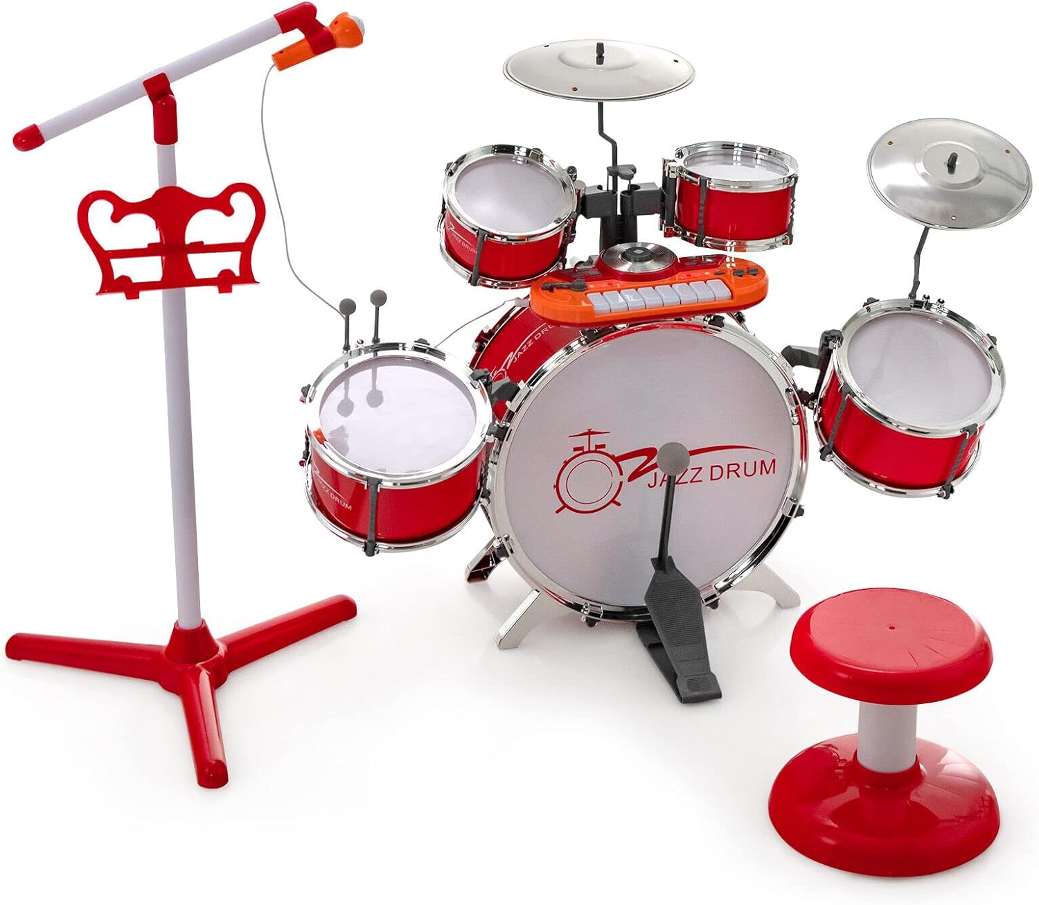 Costzon Kids Drum Keyboard Set with Stool & Microphone Stand, Jazz Drum Set with Cymbal, Multifunctional Digital Keyboard, DJ Kit, Music Stand, Percussion Instrument Toy for 3+ Boys & Girls (Red)