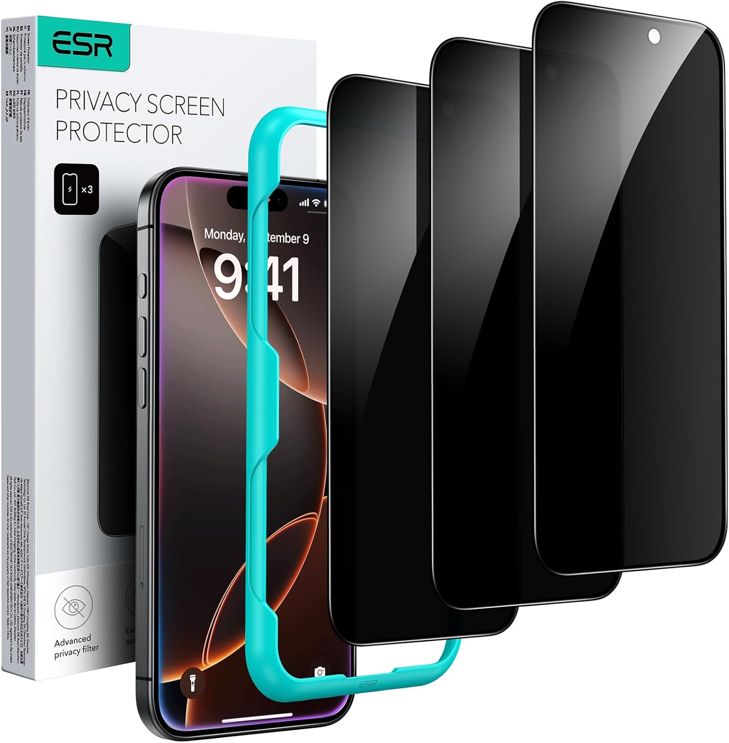 ESR 3 Pack for iPhone 16 Pro Max Privacy Screen Protector, Anti-spy Tempered-Glass Privacy Screen Protector with Easy Installation Tool