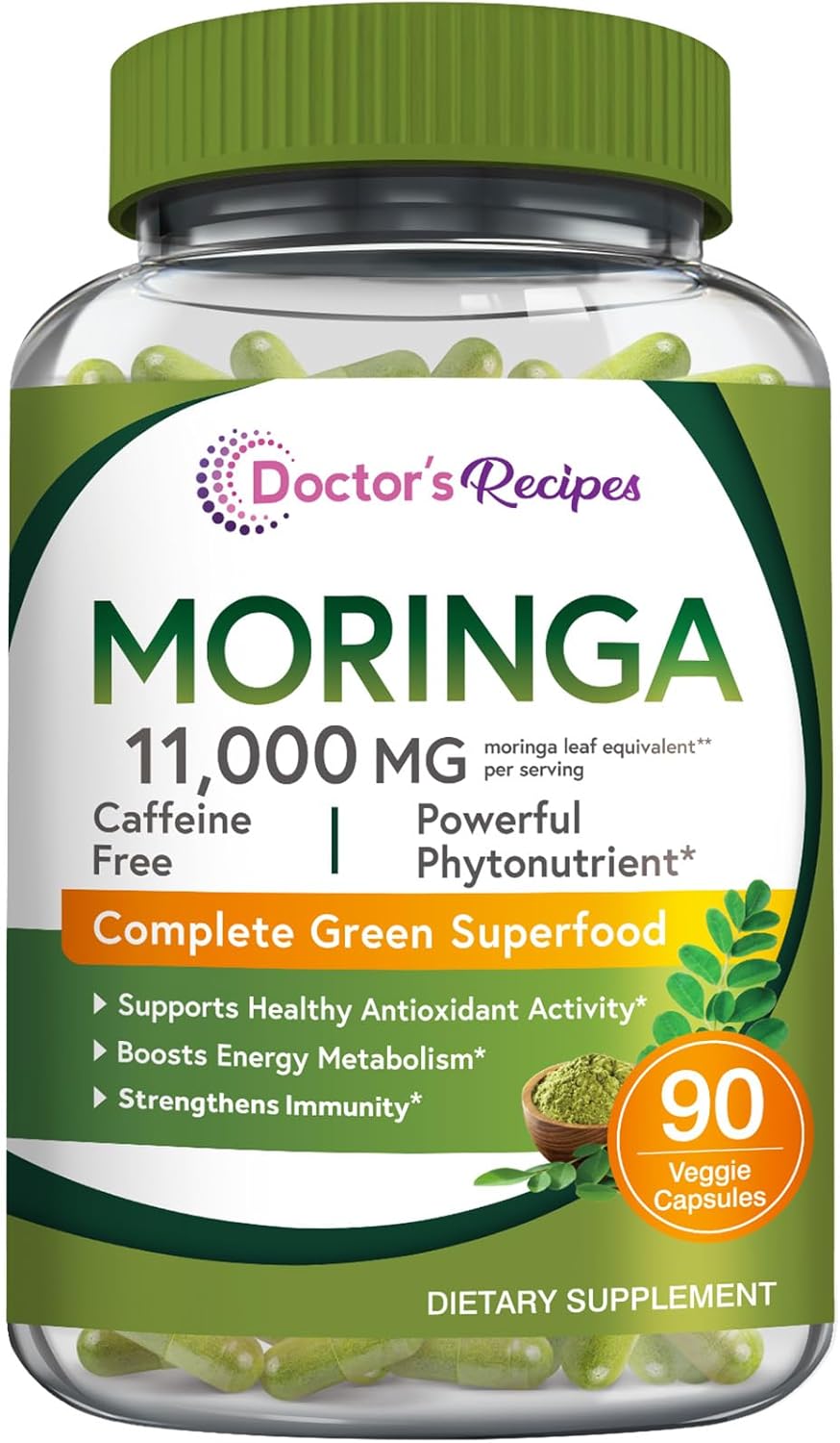 Doctor's Recipes Moringa 11,000 mg Strength, Complete Green Superfood, Natural Antioxidant Support, Non-GMO, 90 Vegan Caps, No Caffeine Soy Gluten