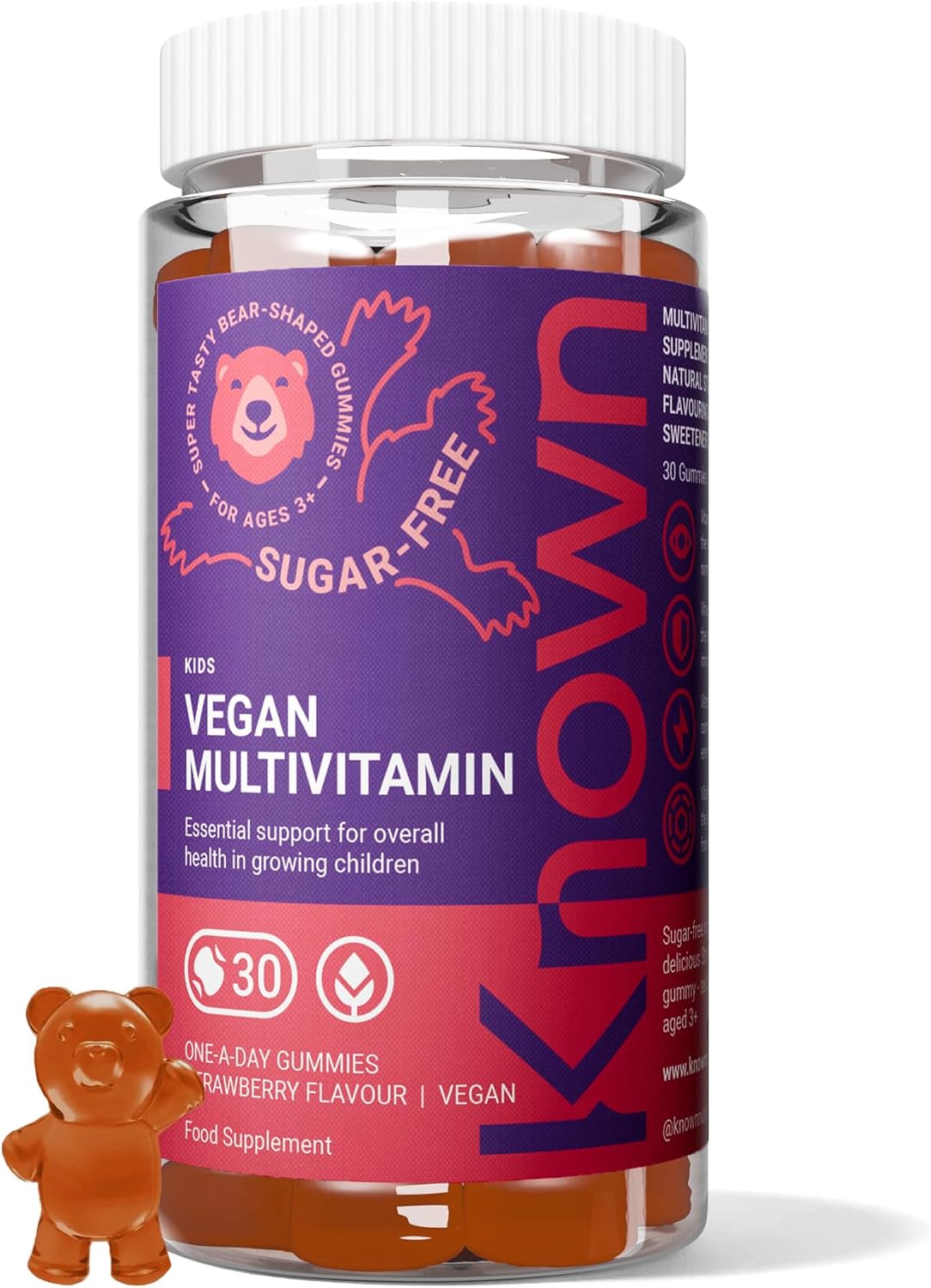 Known Kids Multivitamin Complex Gummies - Sugar-Free - Vitamin C, B6 - Immune Support - Natural Strawberry Flavour - 30 Vegan Gummies, 1 Month Supply