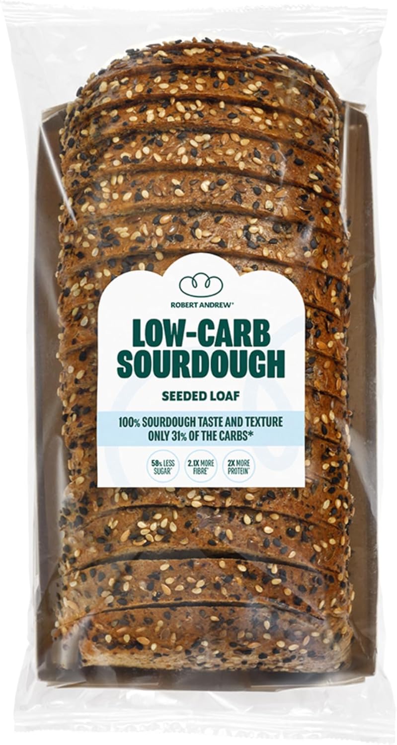 Robert Andrew Low Carb Sourdough Seeded Loaf – 3.2g Carbs, 5.3g Protein, High Fibre Sliced Bread, Keto and Diabetic Friendly, Low Sugar & High Protein - 76 Calories per Slice | 300g