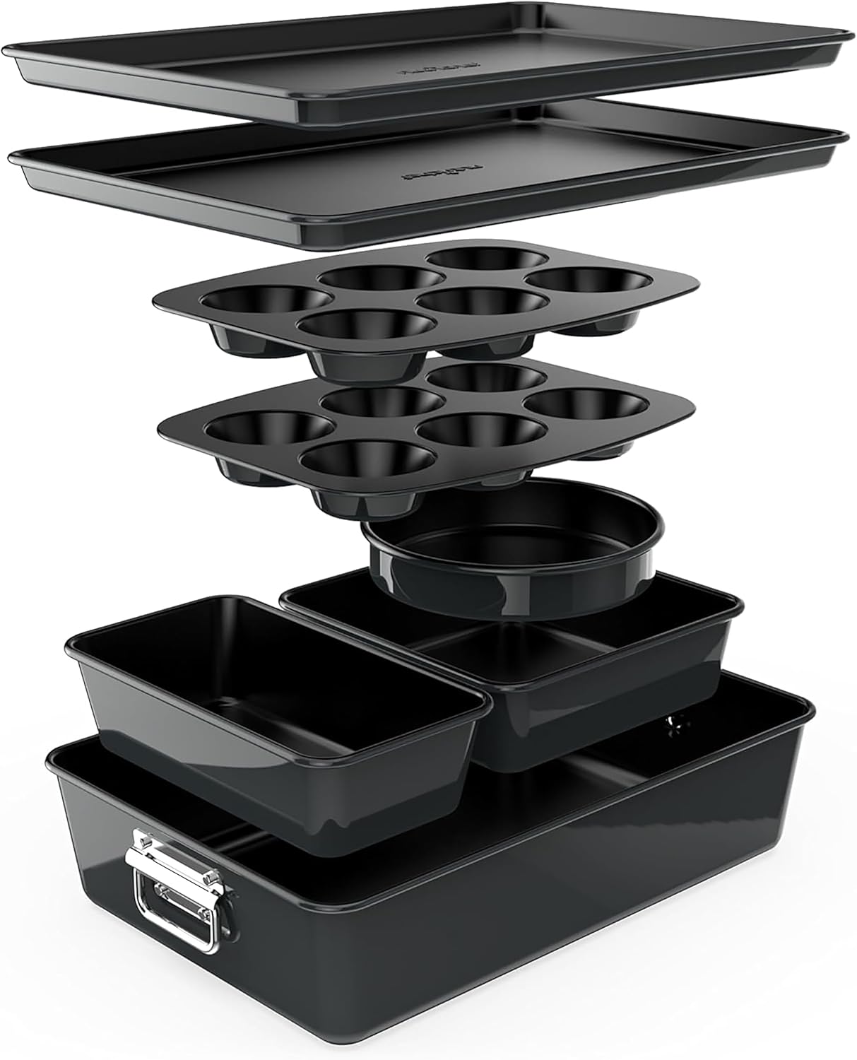 NutriChef 8-Piece Stackable Nonstick Bakeware Set - Premium Steel Baking Tray Set - Includes Round Cake Pan, 6-Cup Muffin Pans, Wide/Square Brownie & Loaf Pans, Cookie Sheet, & Roaster Pan (Black)