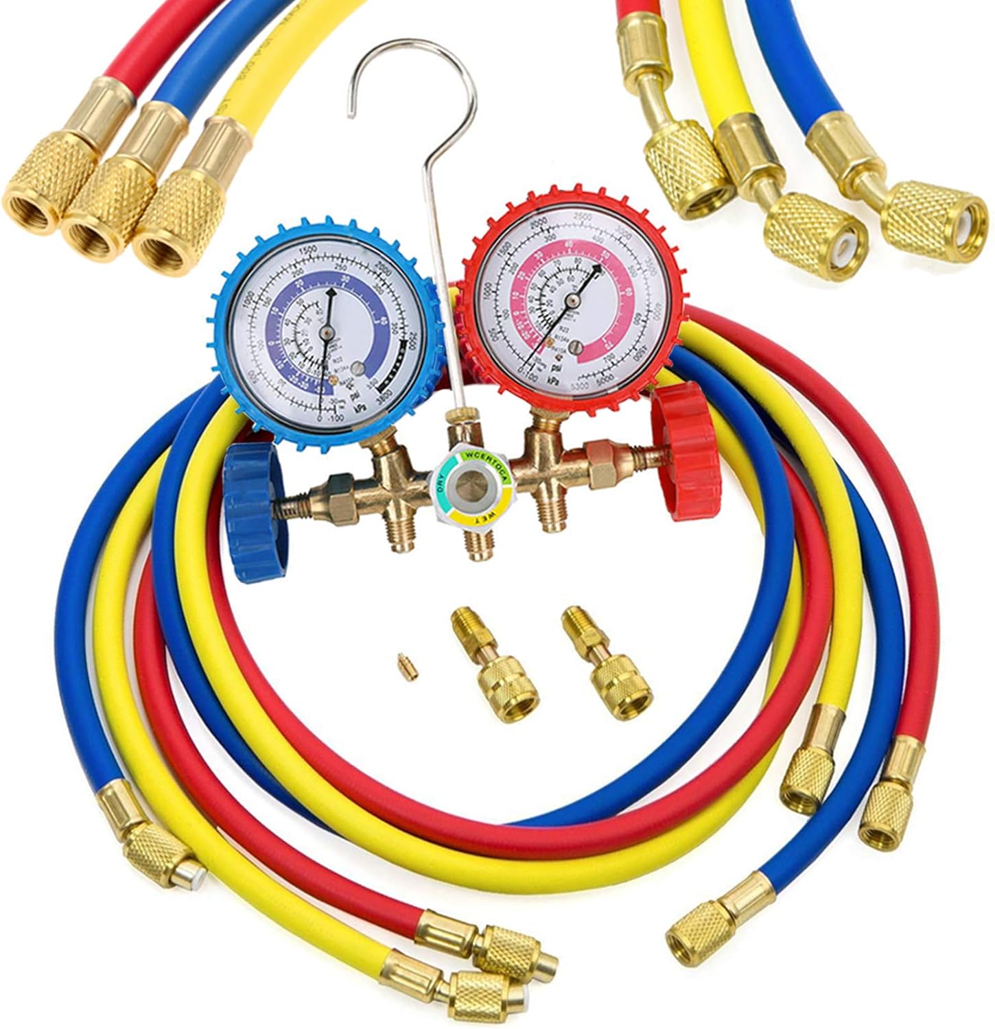 Refrigerant Charging Hoses with Diagnostic Manifold Gauge Set for R410A R22 R404 Refrigerant charging,1/4" Thread Hose Set 60" Red/Yellow/Blue (3pcs) with 2 Quick Coupler