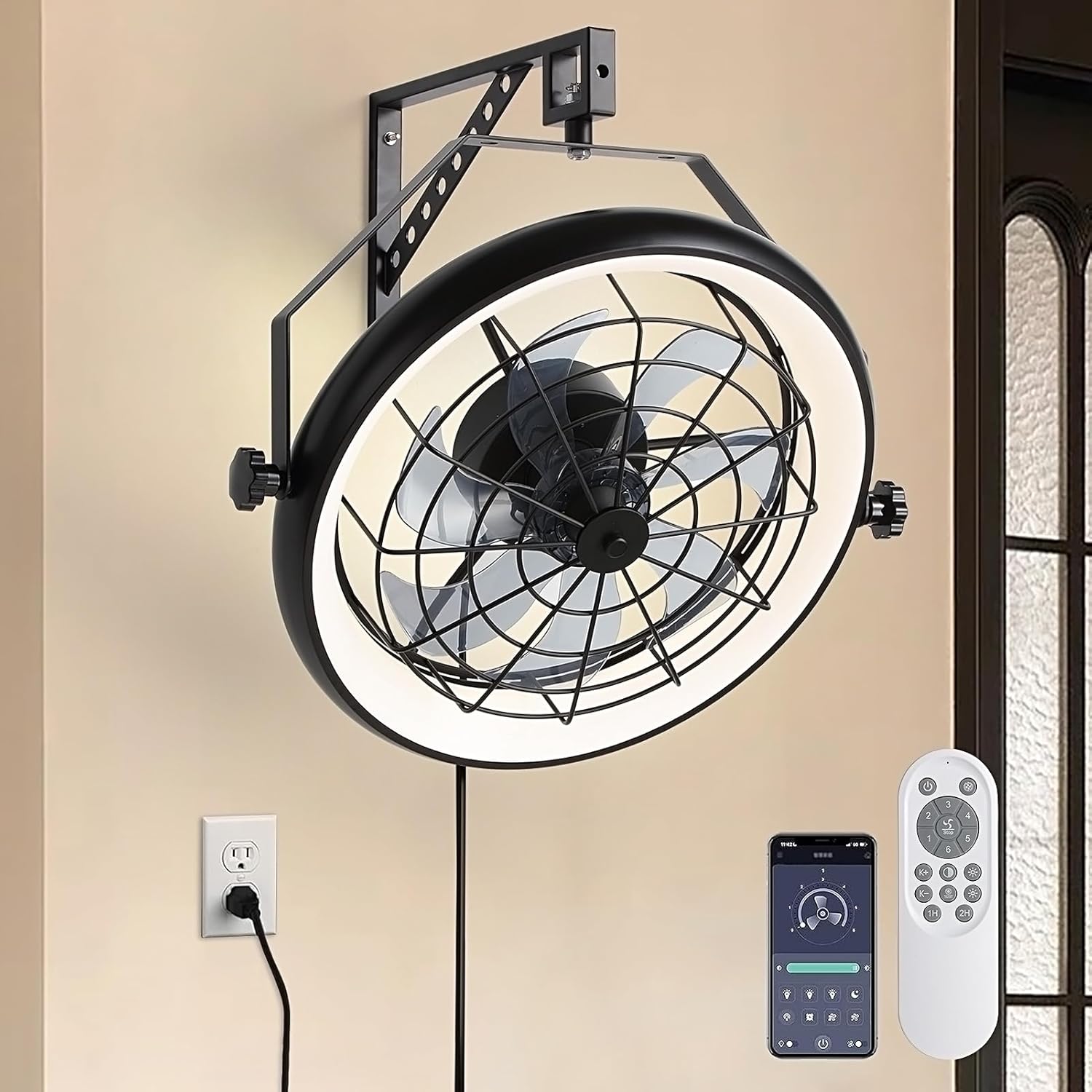 23" Wall Mount Fan with Remote App Control, Quiet 6 Speed Wall Mounted Fan with Light and Timer, 3 Color Dimmable, 360° Adjustable Tilt Plug in Ceiling Fan for Garage, Home, Greenhouse, Patio