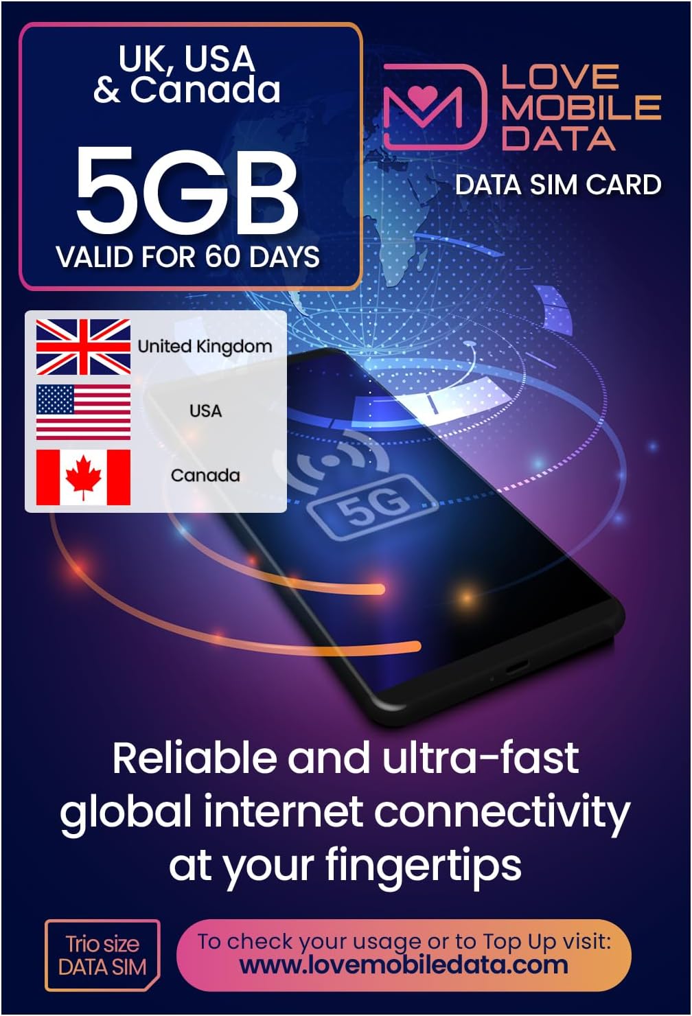 Love Mobile Data Only Sim Card - International Multi-Network 4G/5G Prepaid Pay As You Go Data Sim for Mobile Phones, WiFi Routers, & More, UK, Canada & USA Coverage, 5GB for 60 Days