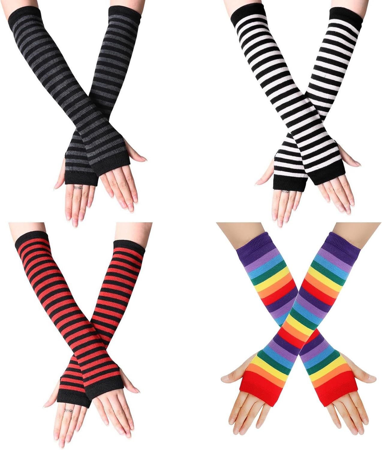 ZOCONE 4 Pairs Striped Arm Warmers Fingerless Gloves for Women, Knit Gloves Long Wrist Warmers Autumn Winter Accessories
