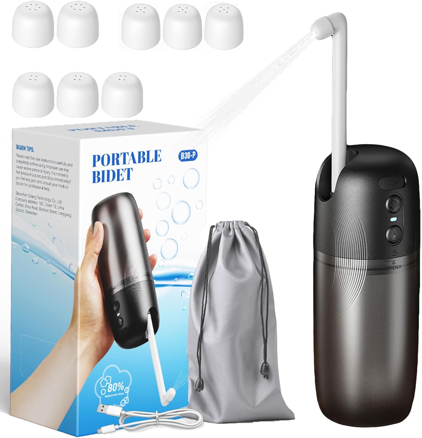 Electric Portable Bidet for Travel - Handheld High Pressure Travel Sprayer with 6 Nozzles & 3 Modes, USB-C Rechargeable Waterproof Bidet Bottle for Cleaning, Postpartum, Men & Women (Black)