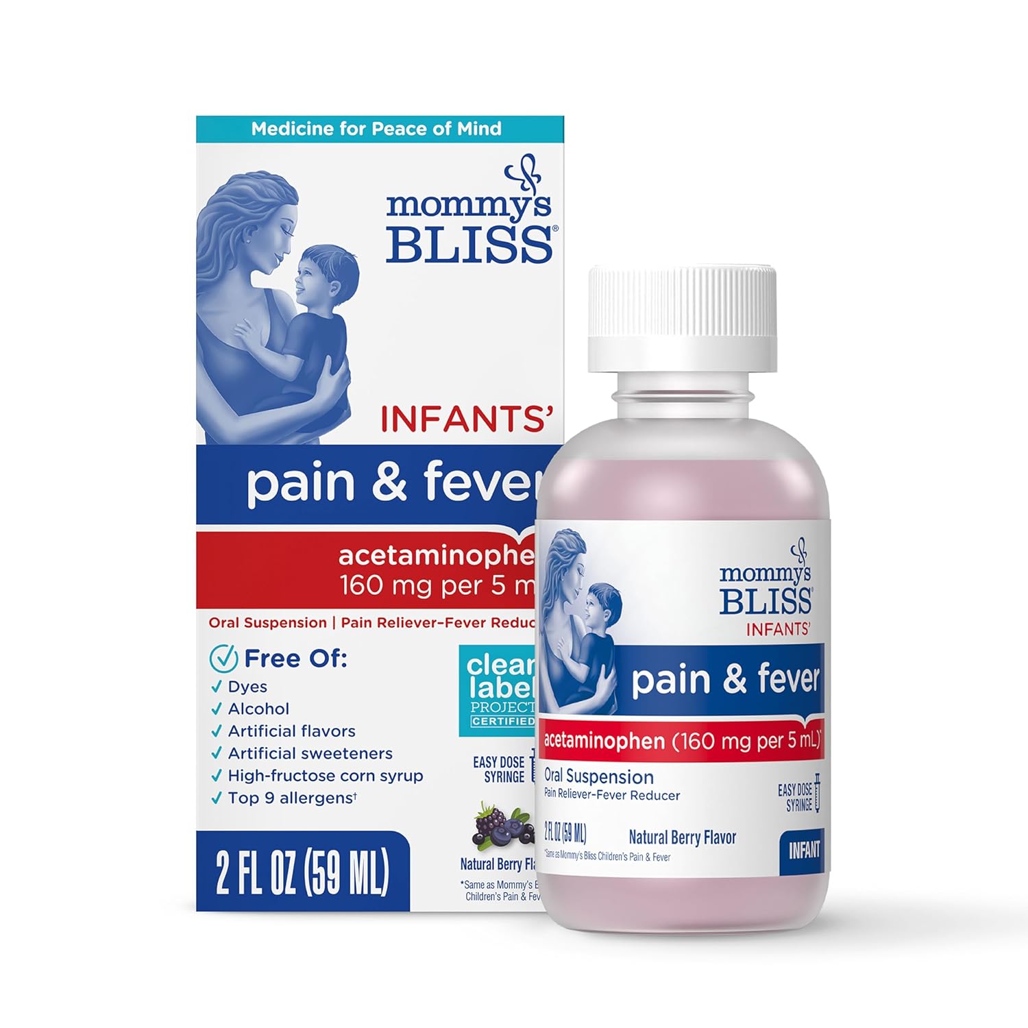 Mommy's Bliss Infants' Pain and Fever Reducer, Baby Acetaminophen, Dye Free, Delicious Mixed Berry Flavor, Ages 2+, 2 Fluid Ounces