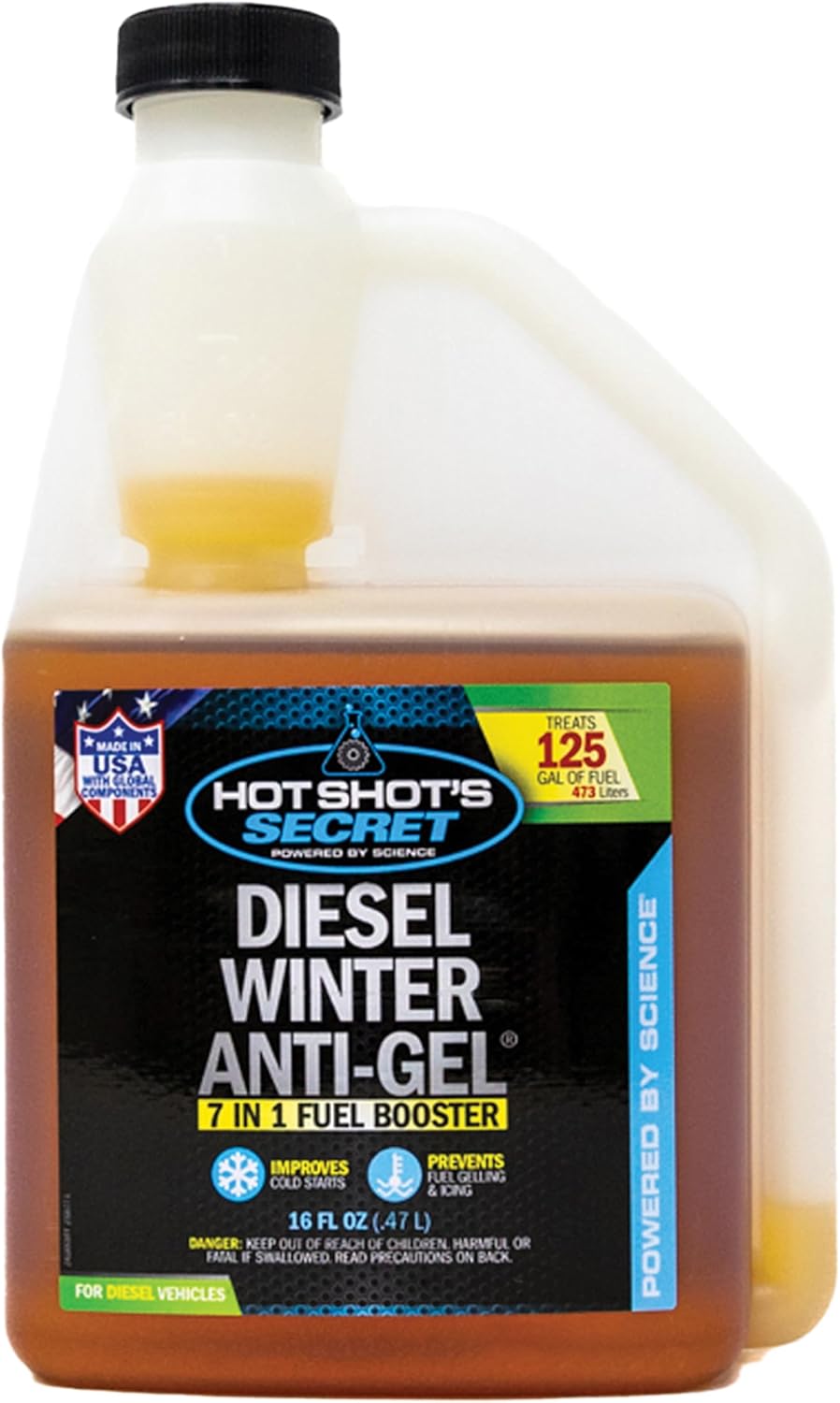 Hot Shot's Secret Diesel Winter Anti-Gel– 16 Oz Squeeze, 7-in-1 Diesel Fuel Additive – Prevents Gelling and Fuel Line Freeze-Ups – Boosts Cetane – Cleans Injectors – Improves Performance, Amber