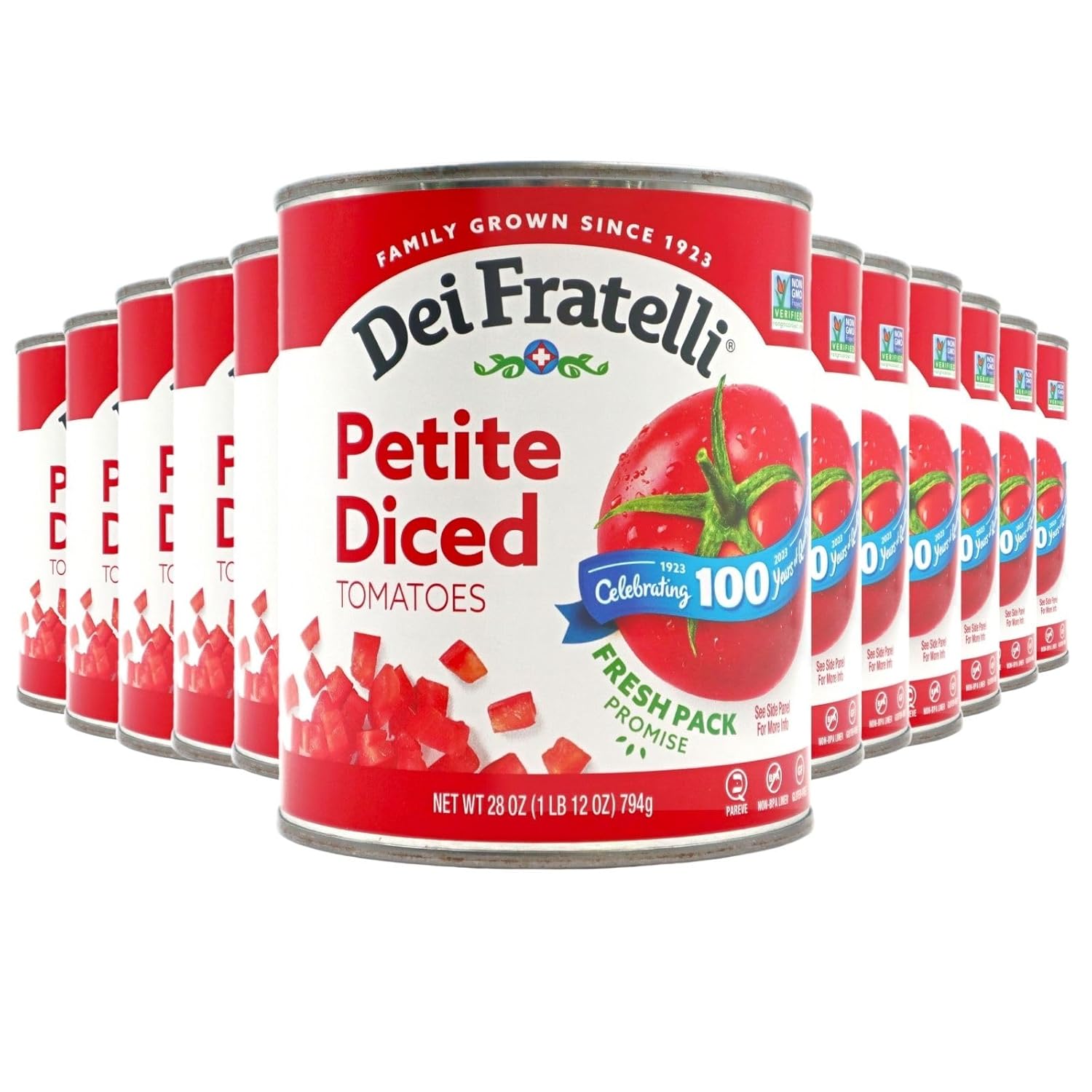 Dei Fratelli Petite Diced Tomatoes (28 oz. Cans, 12 pack) - Vine-Ripened – Non-GMO, Gluten-Free